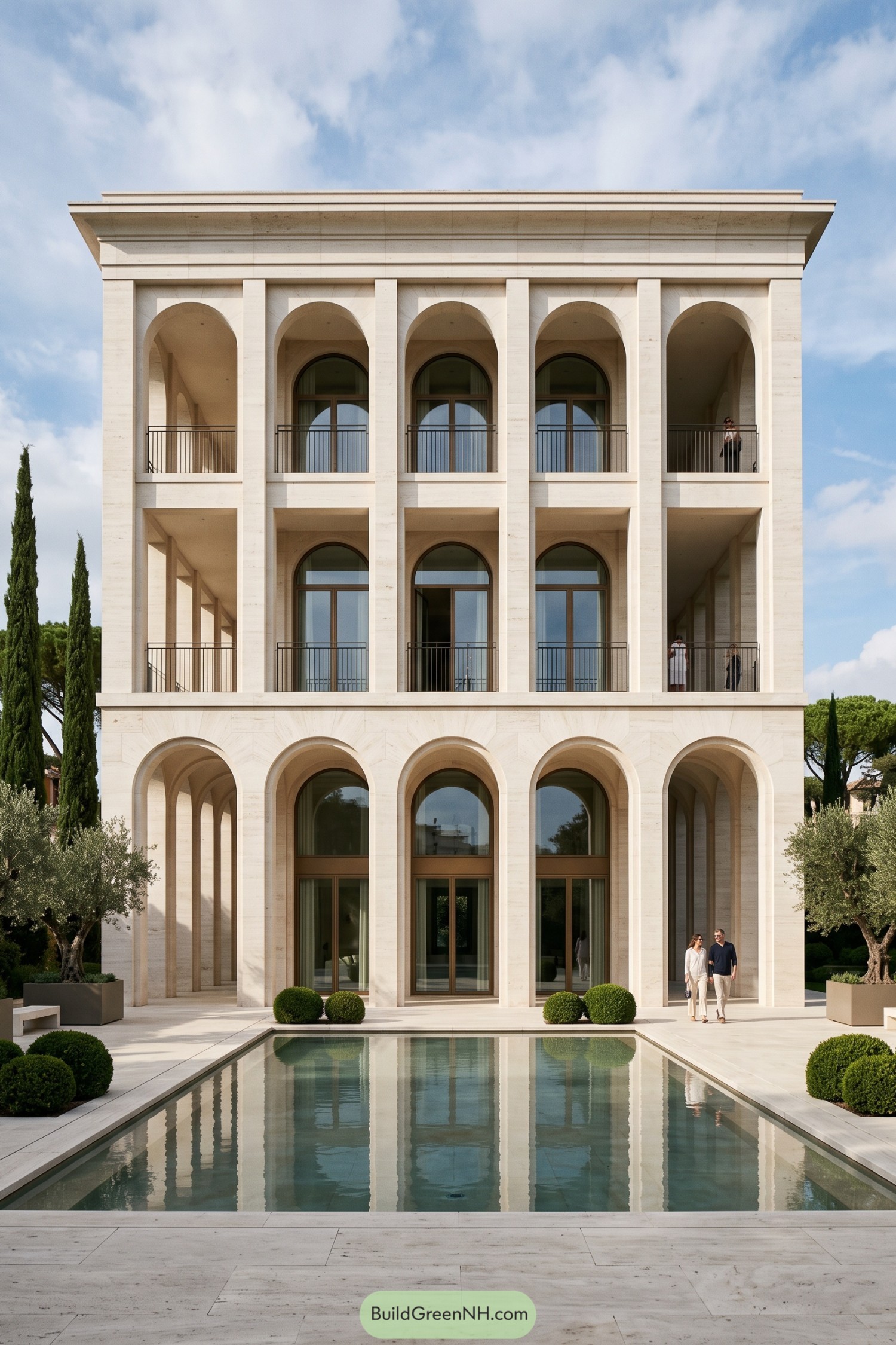 Three story Roman style villa with arched loggias and reflecting pool
