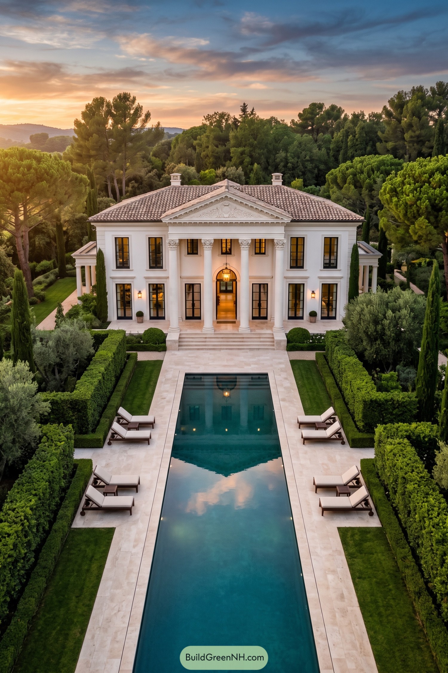 White classical villa with columned portico and long pool