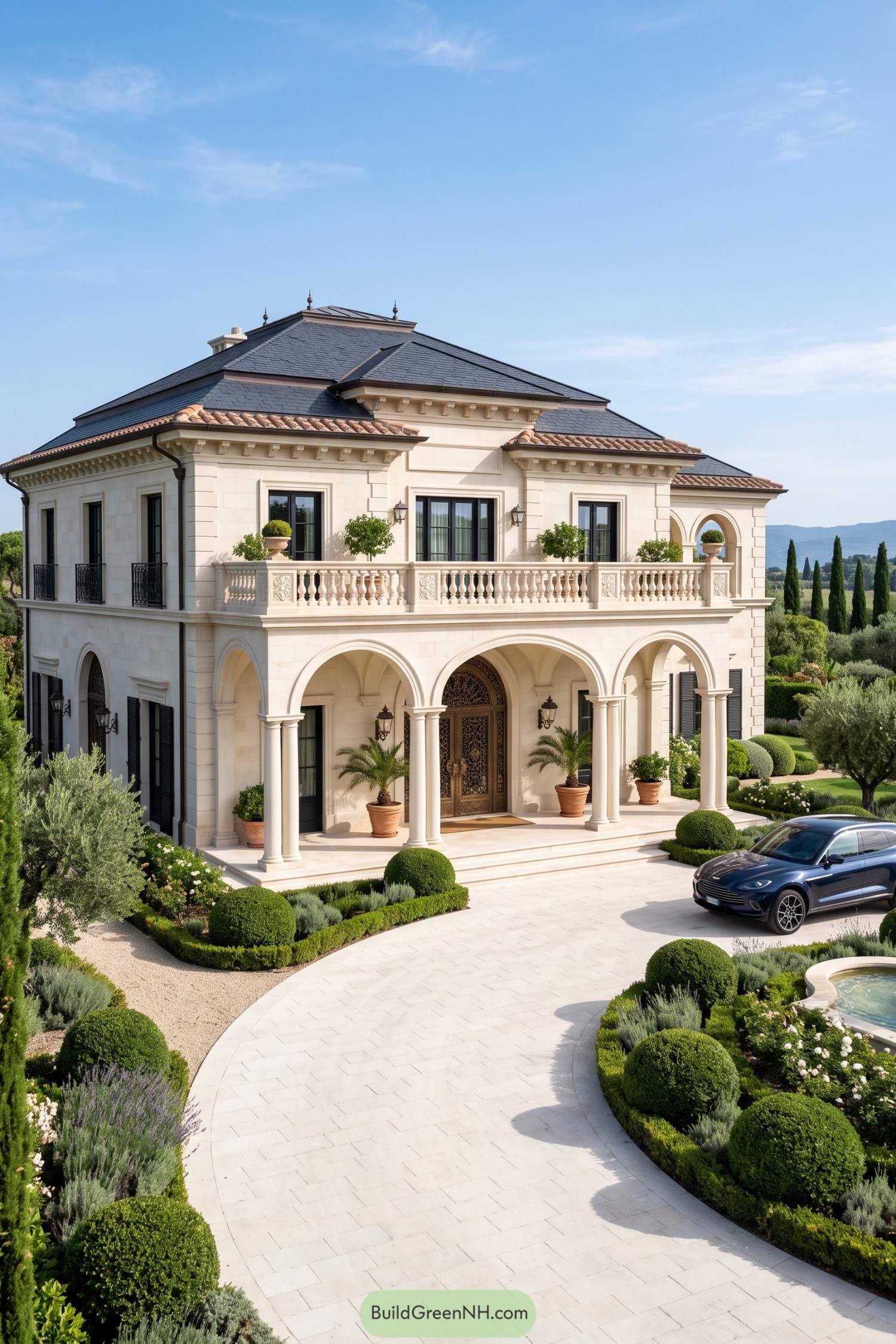 Cream stone villa with arcaded entry and formal gardens