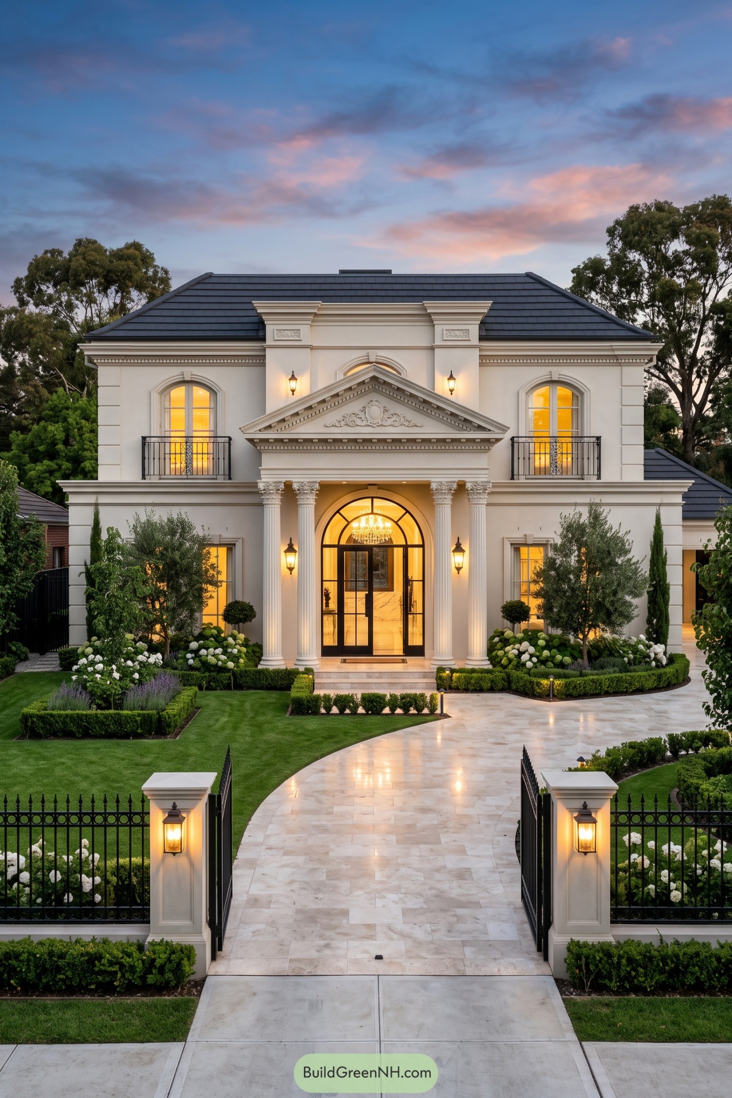 Classical Roman villa with grand columns and arched entry