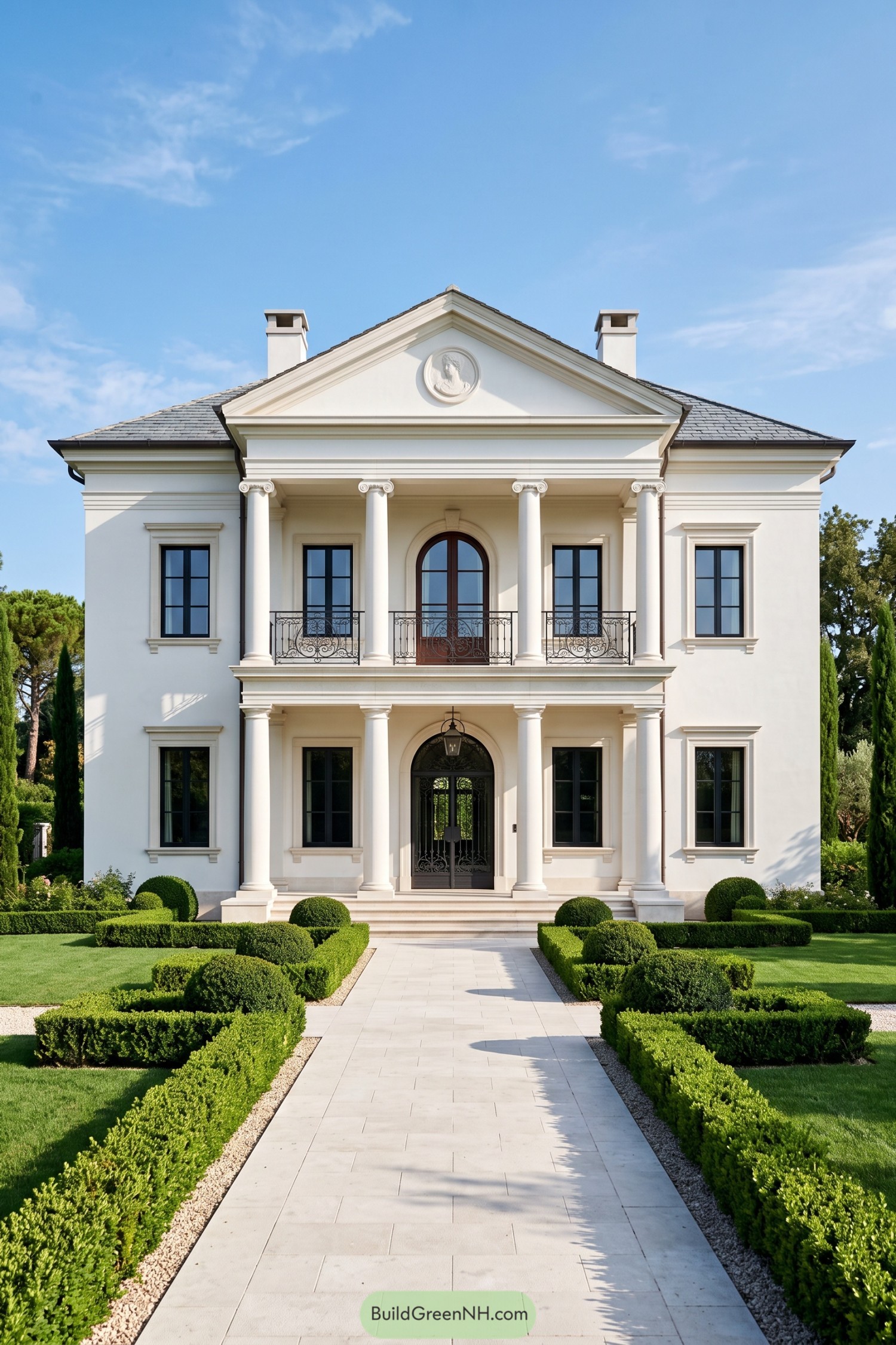 White Roman Revival villa with Ionic columns and formal hedges