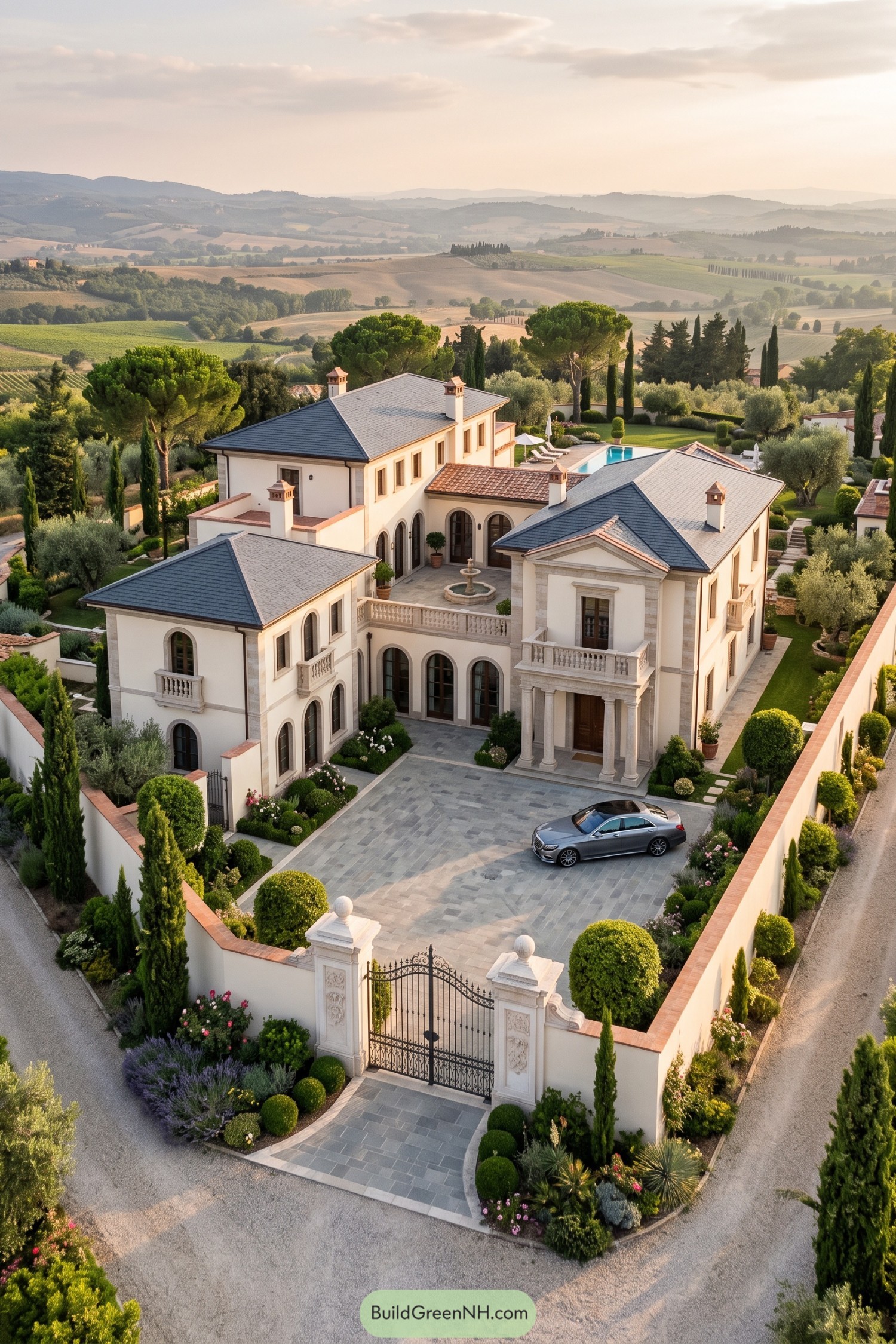 Contemporary Roman villa with columned entry and courtyard fountain