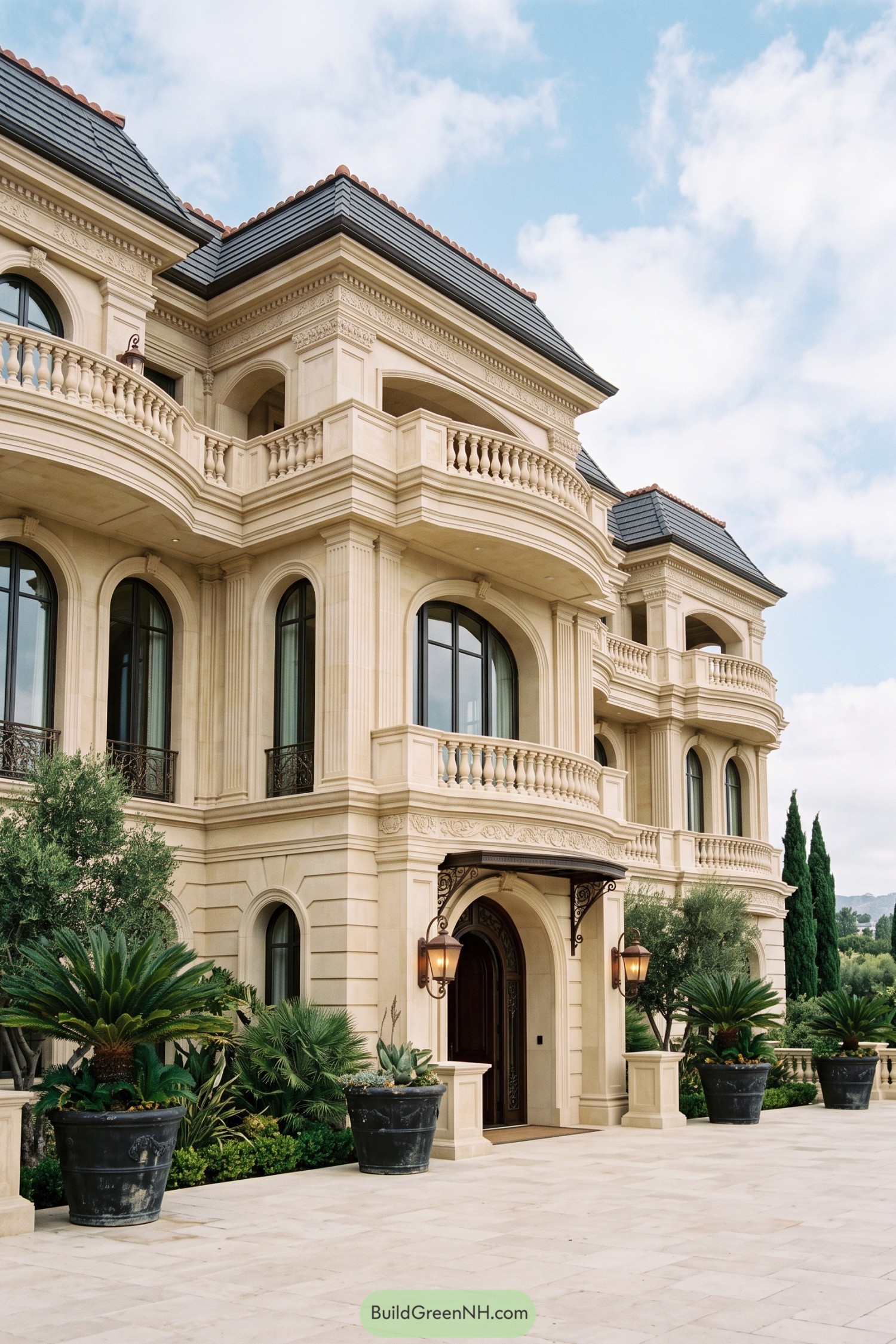 Cream stone Roman villa with arched balconies and slate roof
