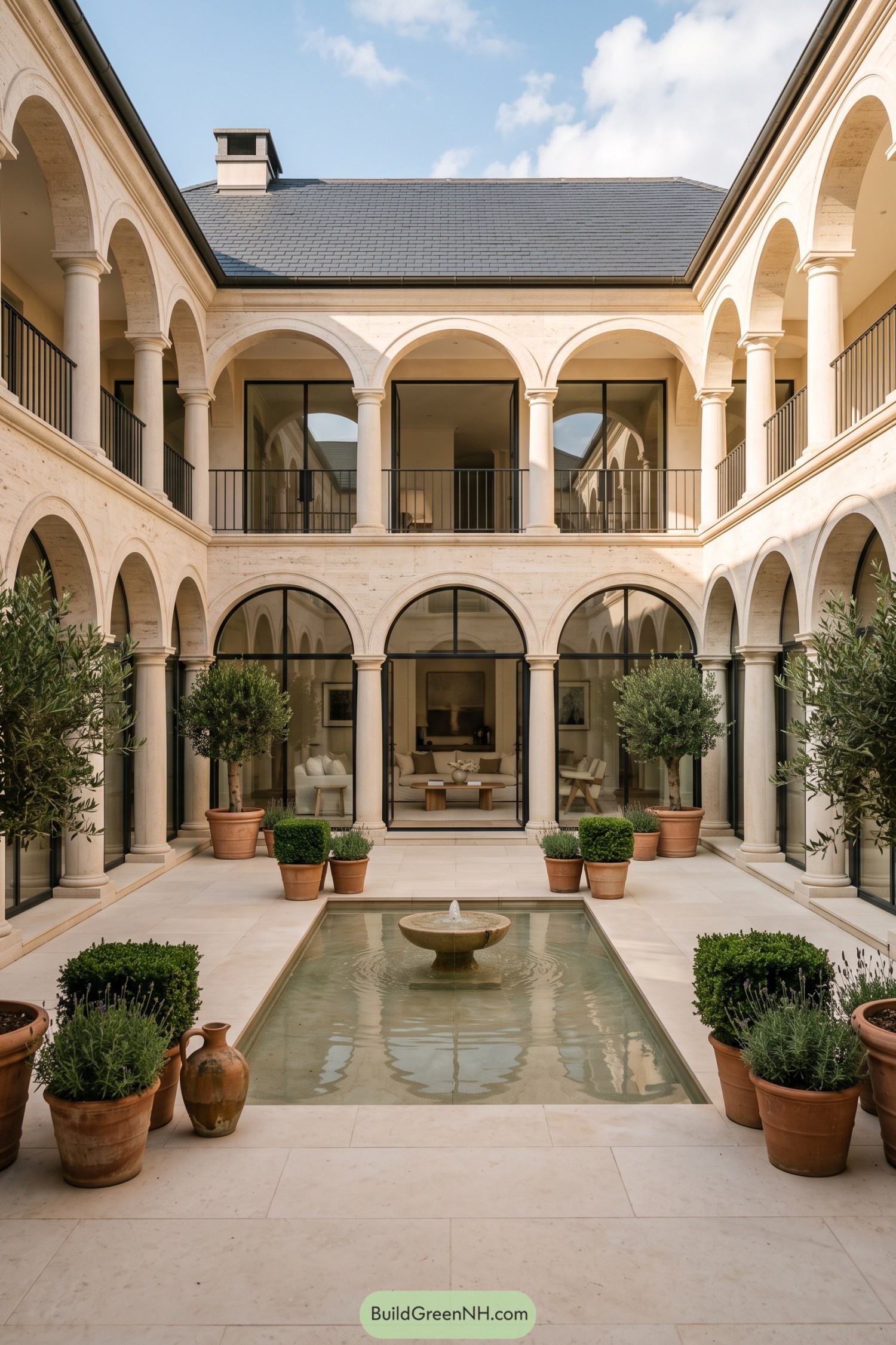 Two-story Roman courtyard with arches fountain and olive trees