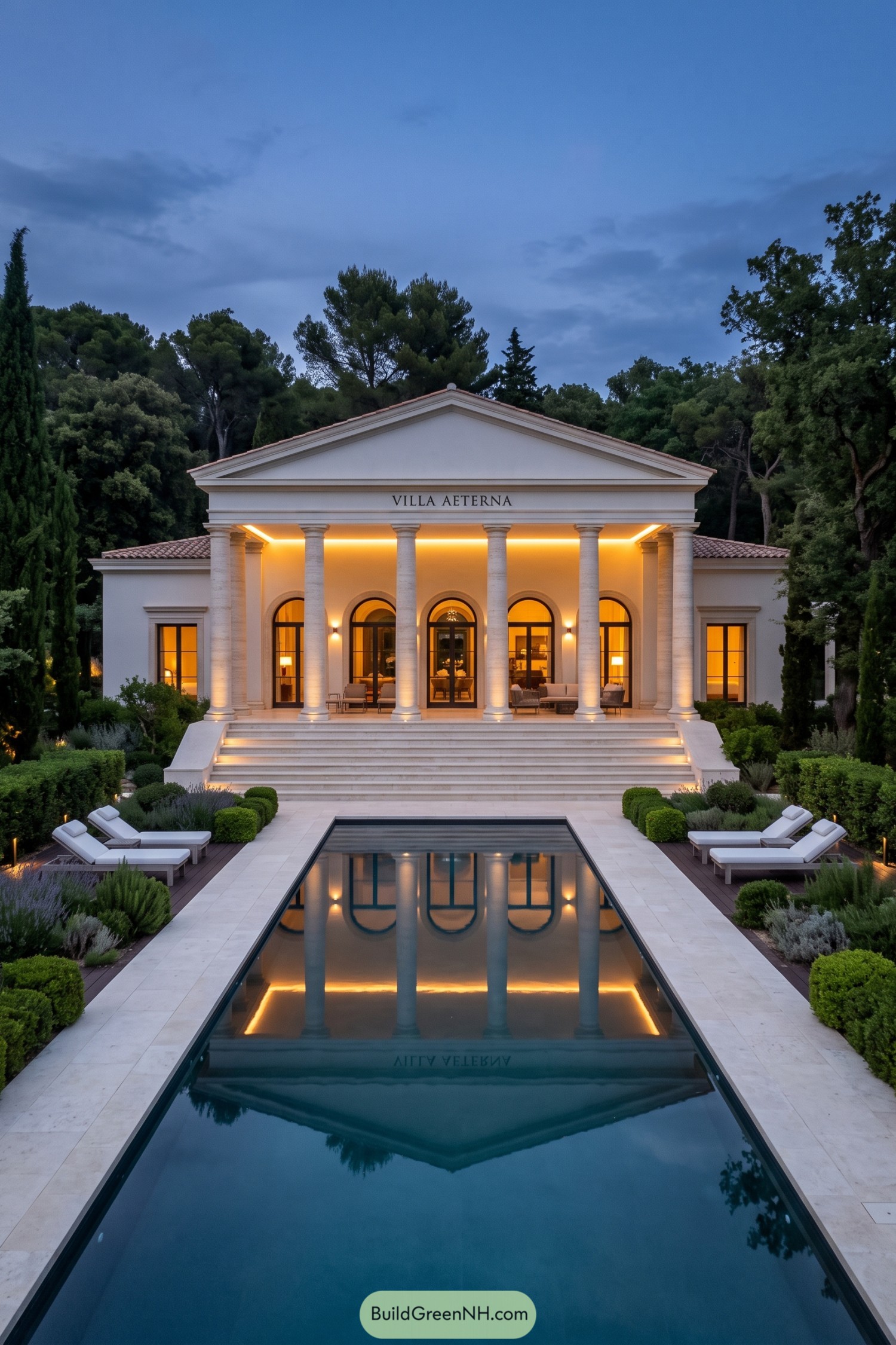 Contemporary Roman villa with columned portico and reflecting pool