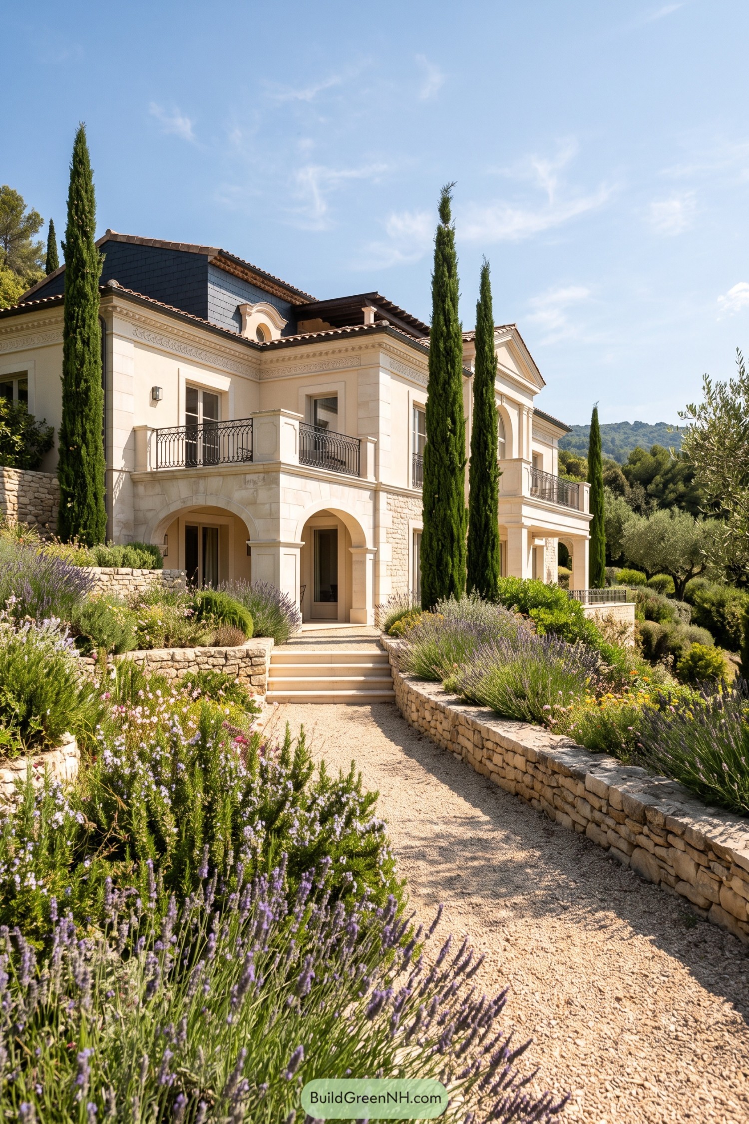 Cream stone Roman villa with cypress trees and lavender gardens