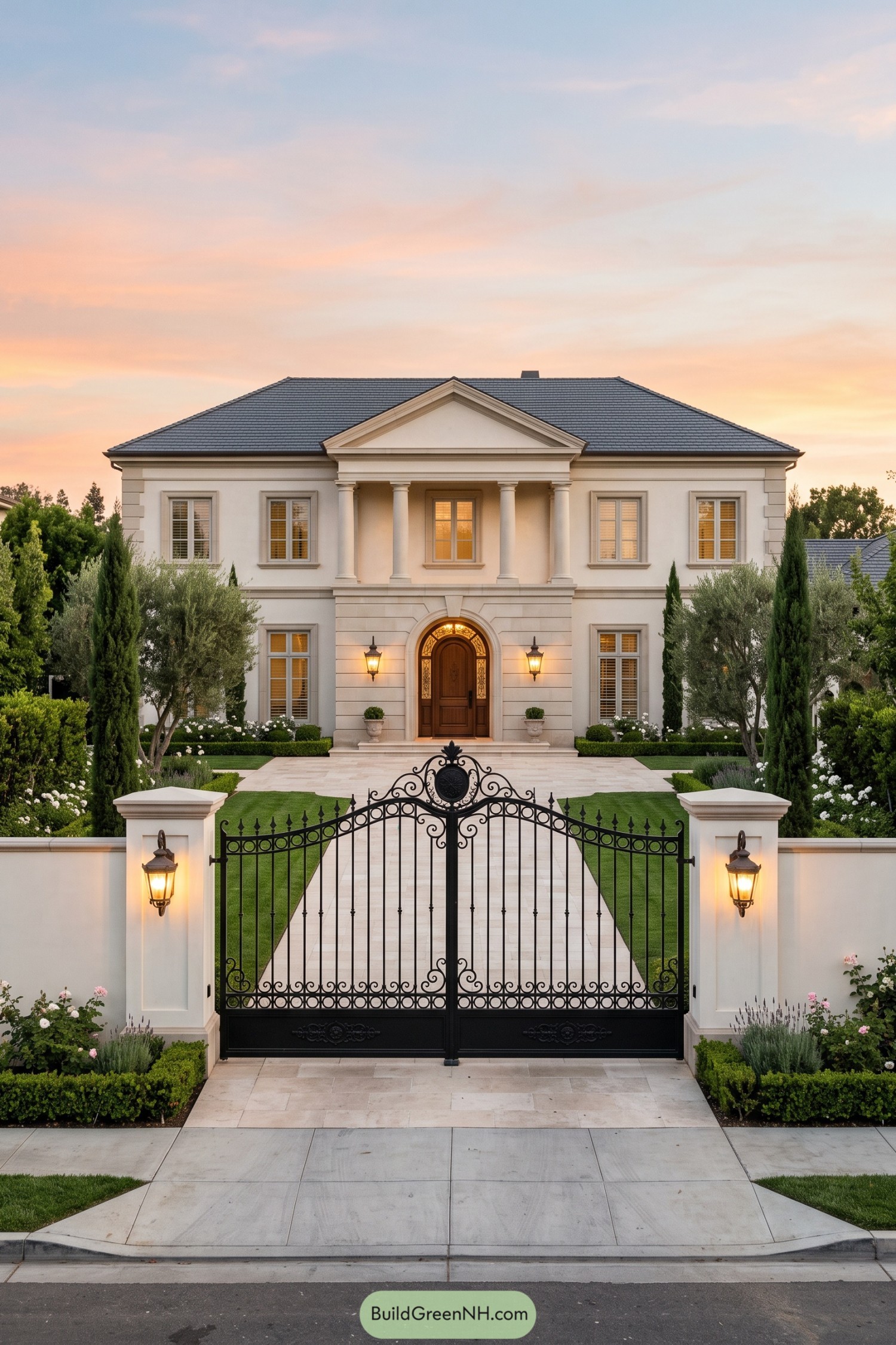 Contemporary Roman villa with columned portico and wrought iron gate