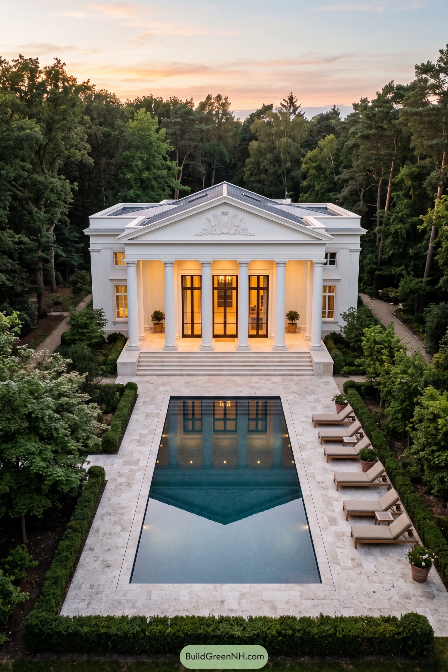 White Roman villa with columned portico and pool