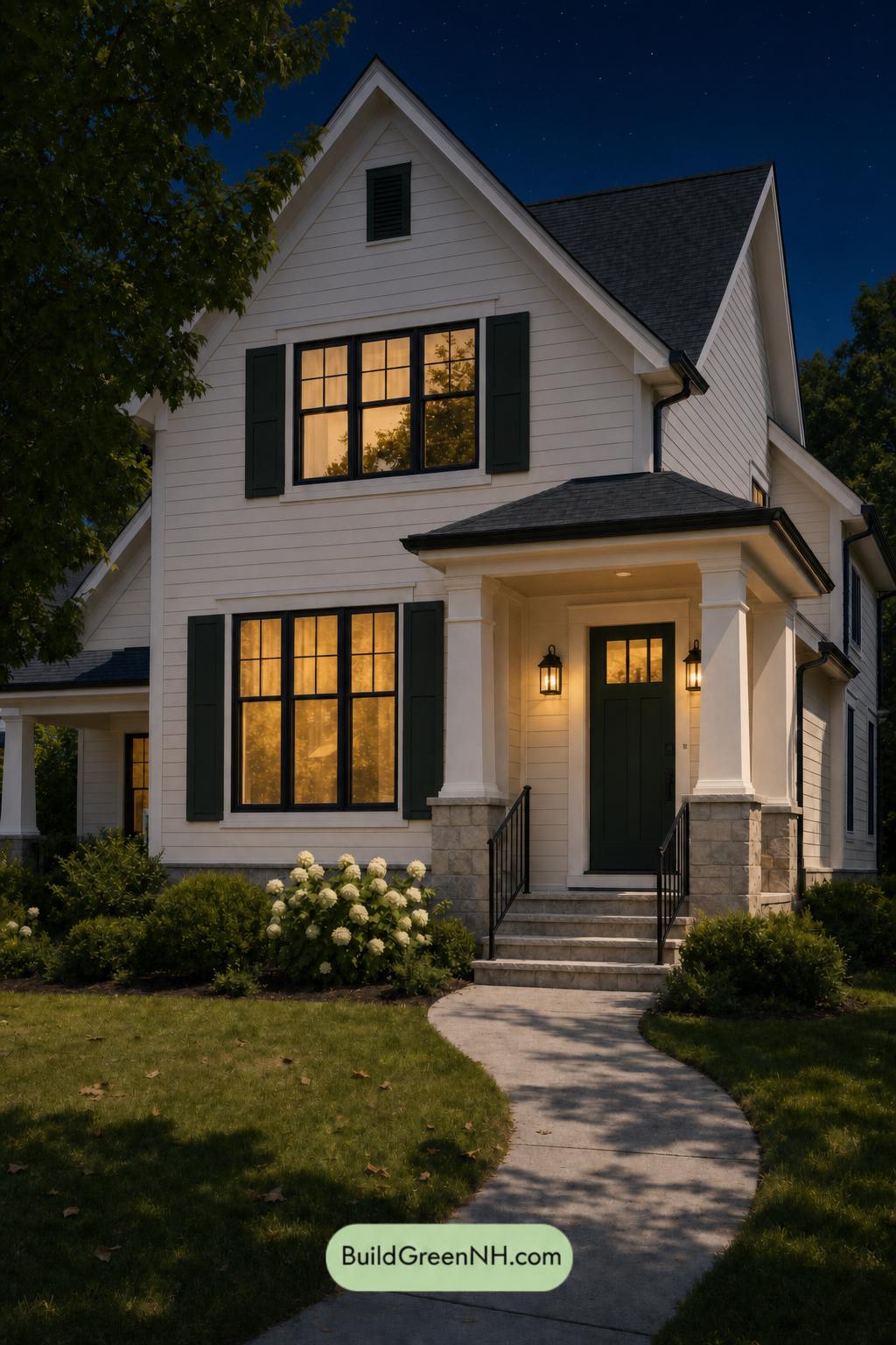 Cream Color House Exterior Paint Scheme: Biscuit Meridian - Nighttime