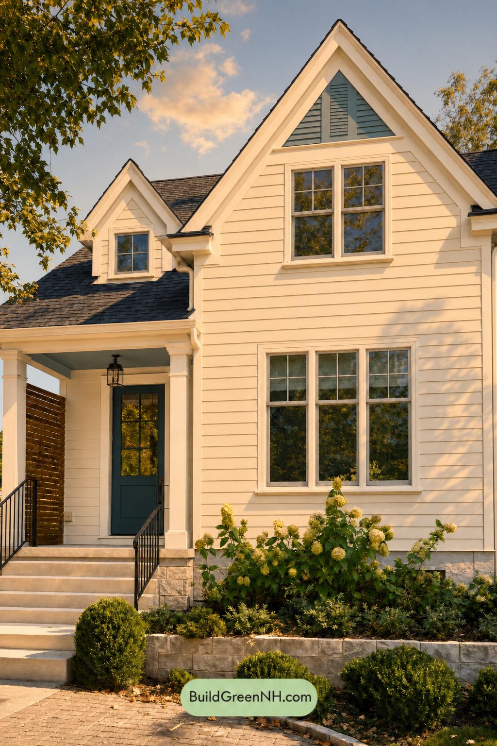 Cream Color House Exterior Paint Scheme: Buttercream Verdigris - Golden Hour