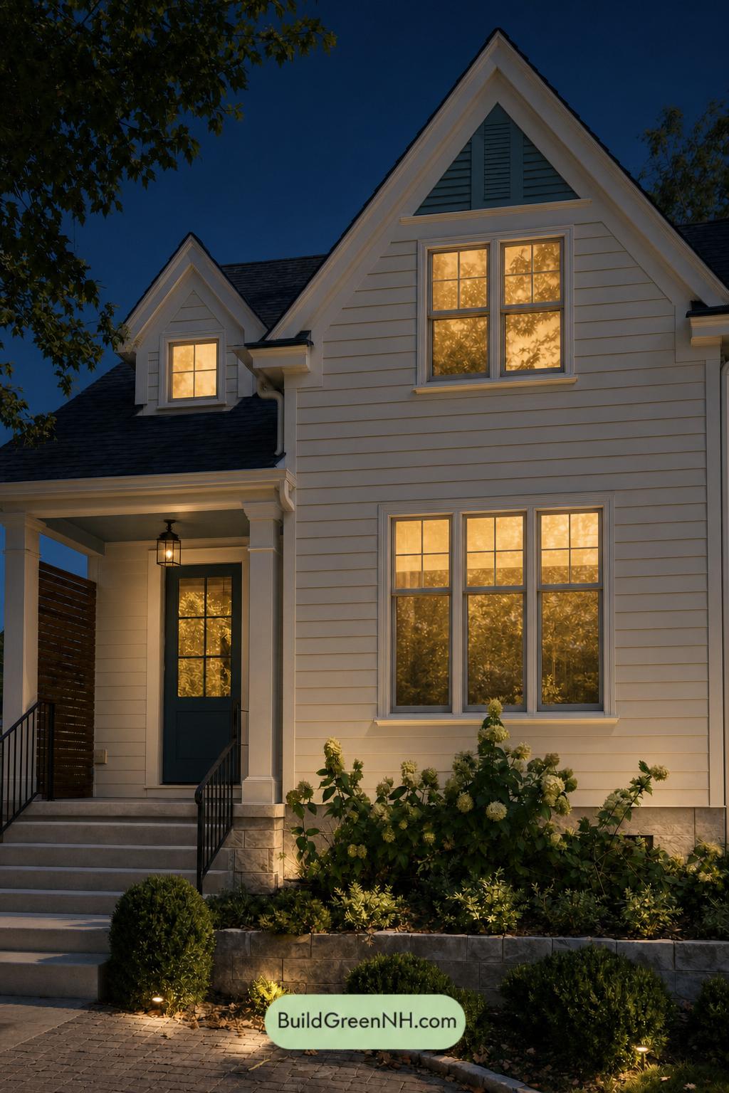 Cream Color House Exterior Paint Scheme: Buttercream Verdigris - Nighttime