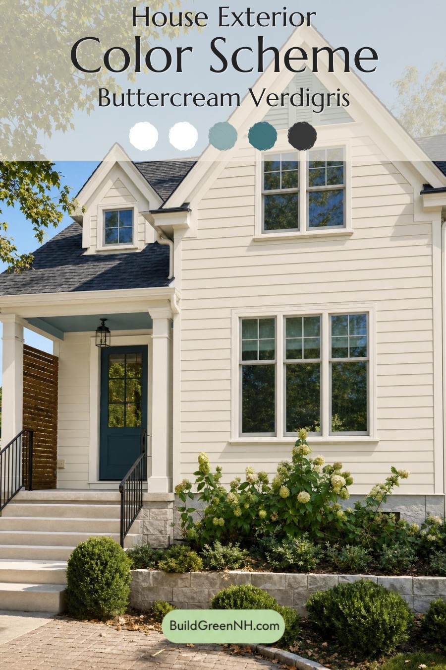 Cream Color House Exterior Paint Scheme: Buttercream Verdigris