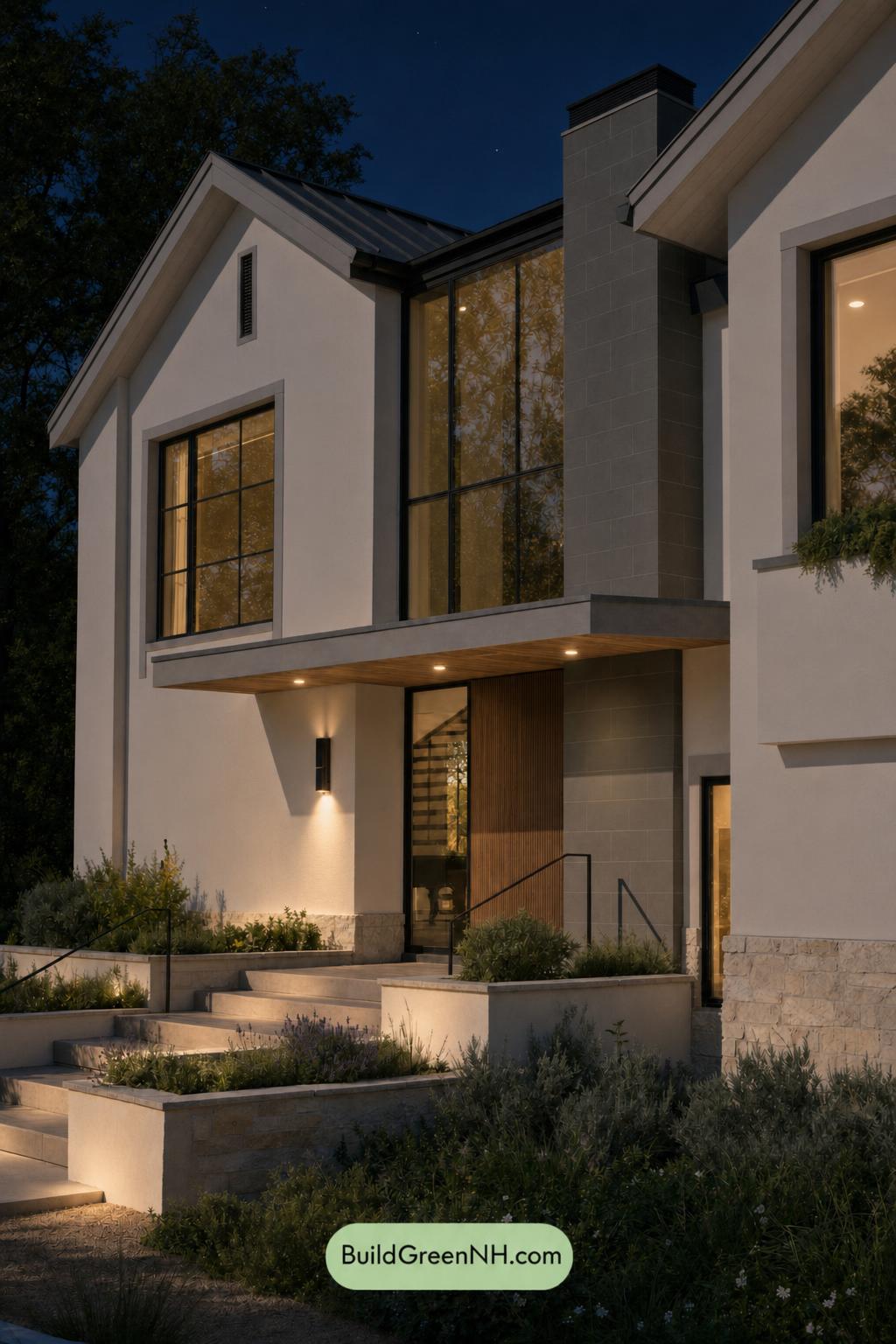 Cream Color House Exterior Paint Scheme: Cream Mossline - Nighttime