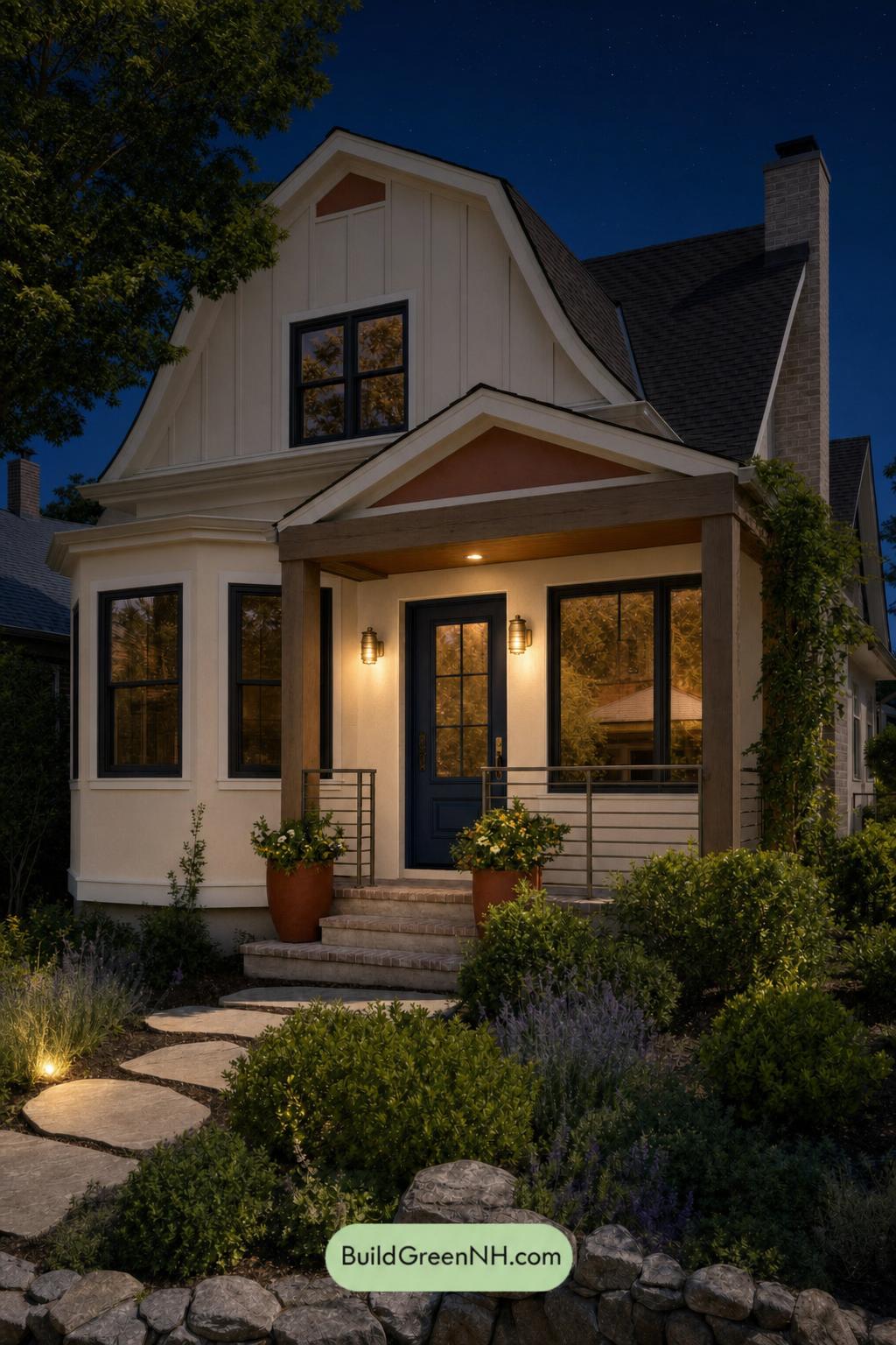 Cream Color House Exterior Paint Scheme: Custard Stillwater - Nighttime