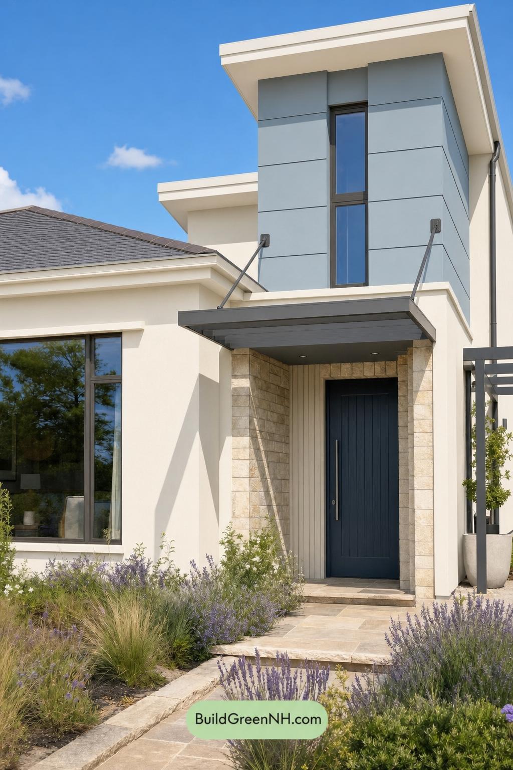 Cream Color House Exterior Paint Scheme: Linen Blue Hearth