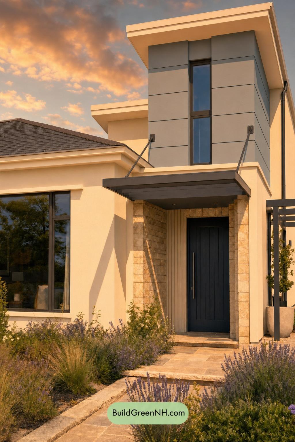 Cream Color House Exterior Paint Scheme: Linen Blue Hearth - Golden Hour