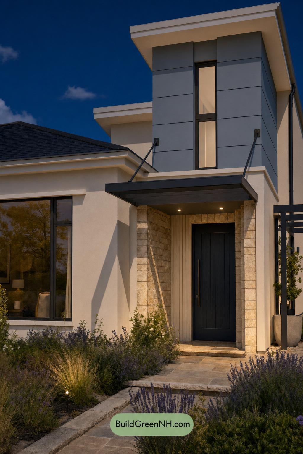 Cream Color House Exterior Paint Scheme: Linen Blue Hearth - Nighttime