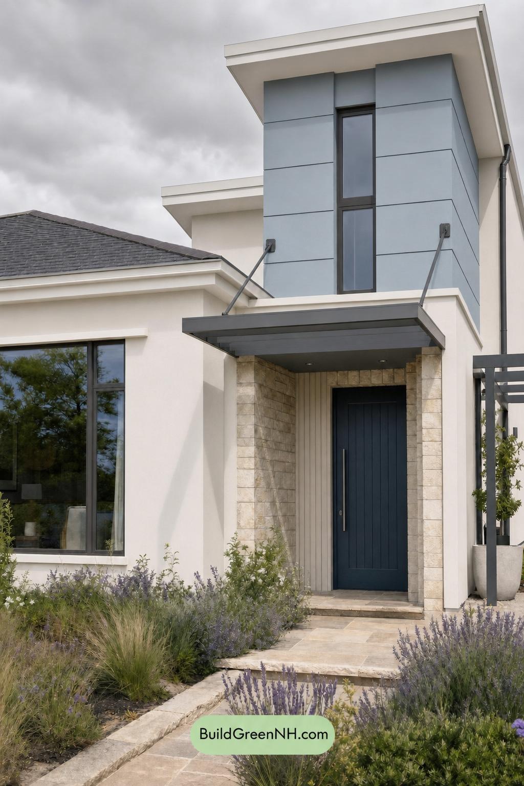 Cream Color House Exterior Paint Scheme: Linen Blue Hearth - Overcast