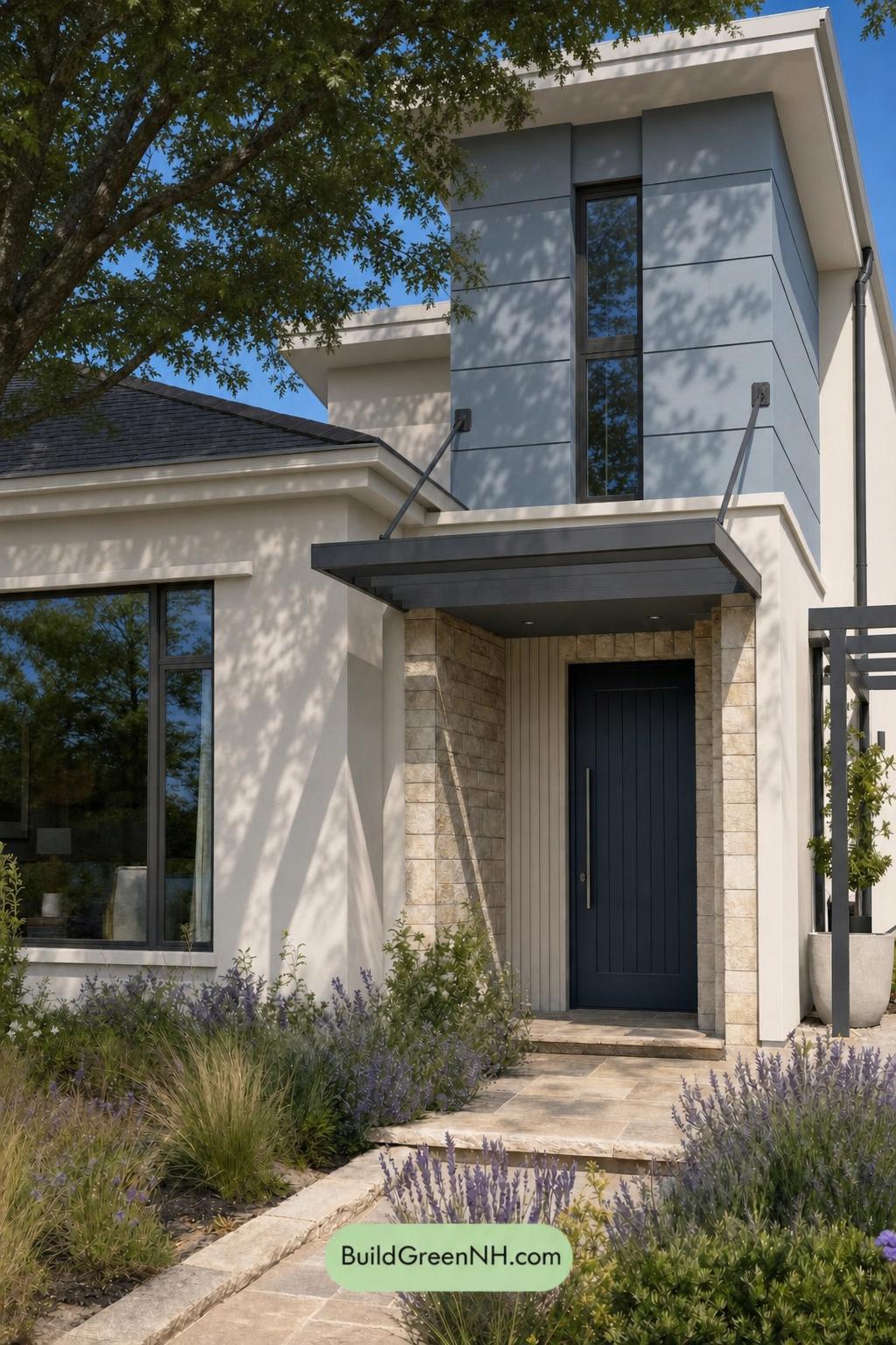 Cream Color House Exterior Paint Scheme: Linen Blue Hearth - Shade