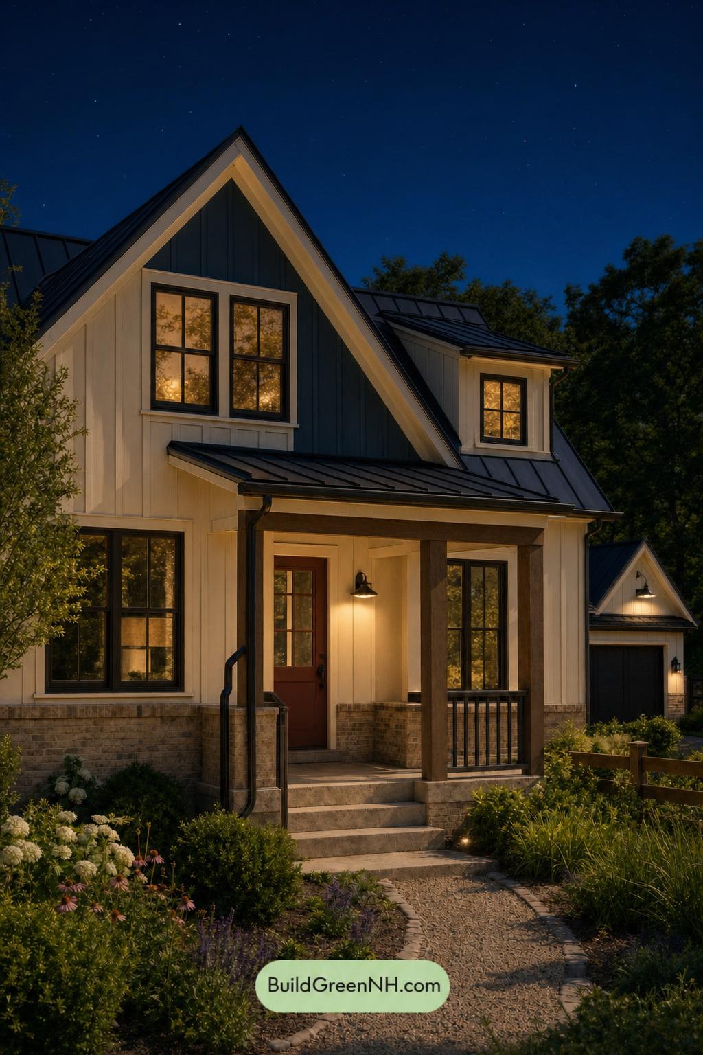 Cream Color House Exterior Paint Scheme: Parchment Orchard - Nighttime