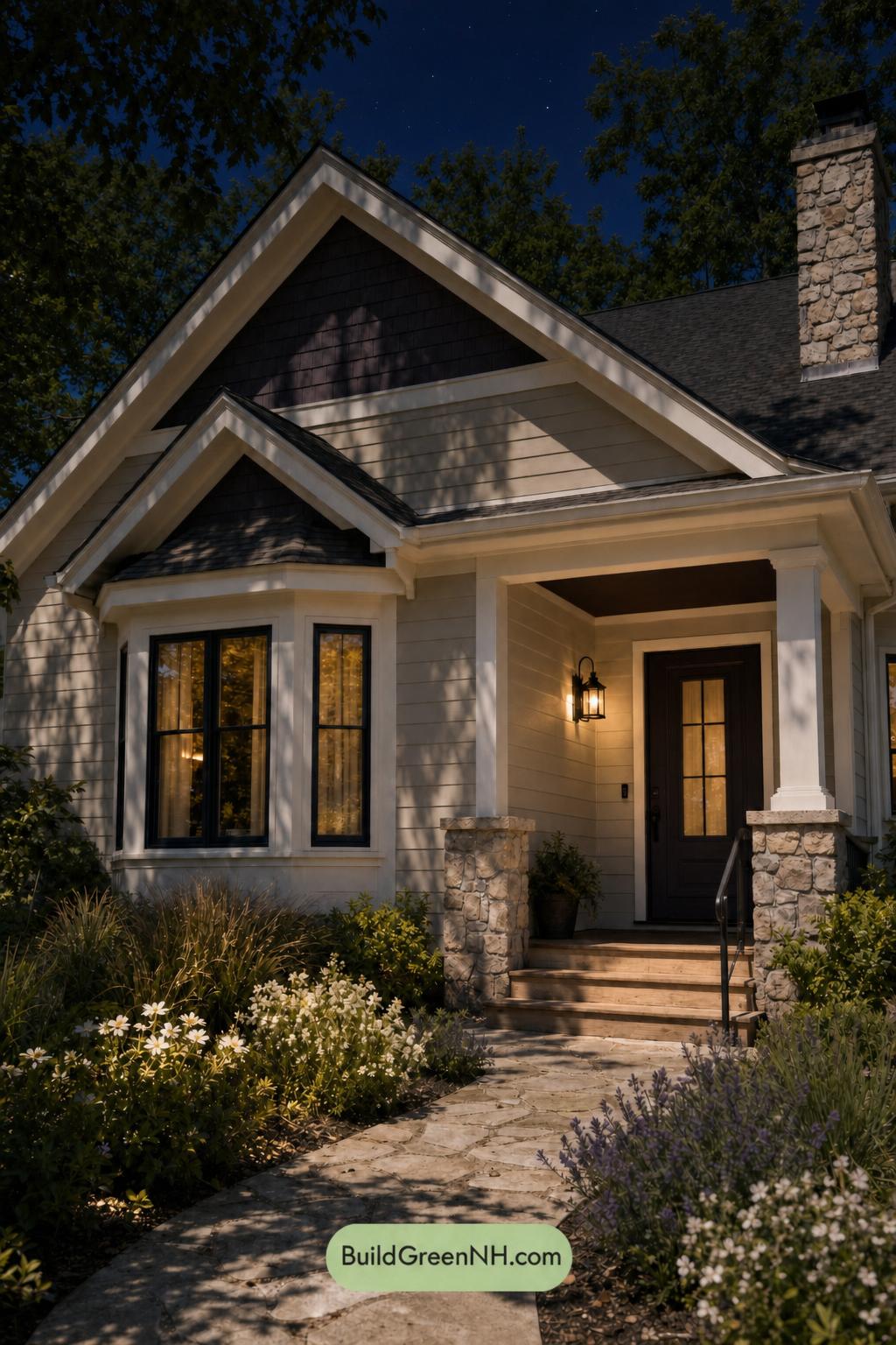 Cream Color House Exterior Paint Scheme: Vanilla Aubergine - Nighttime