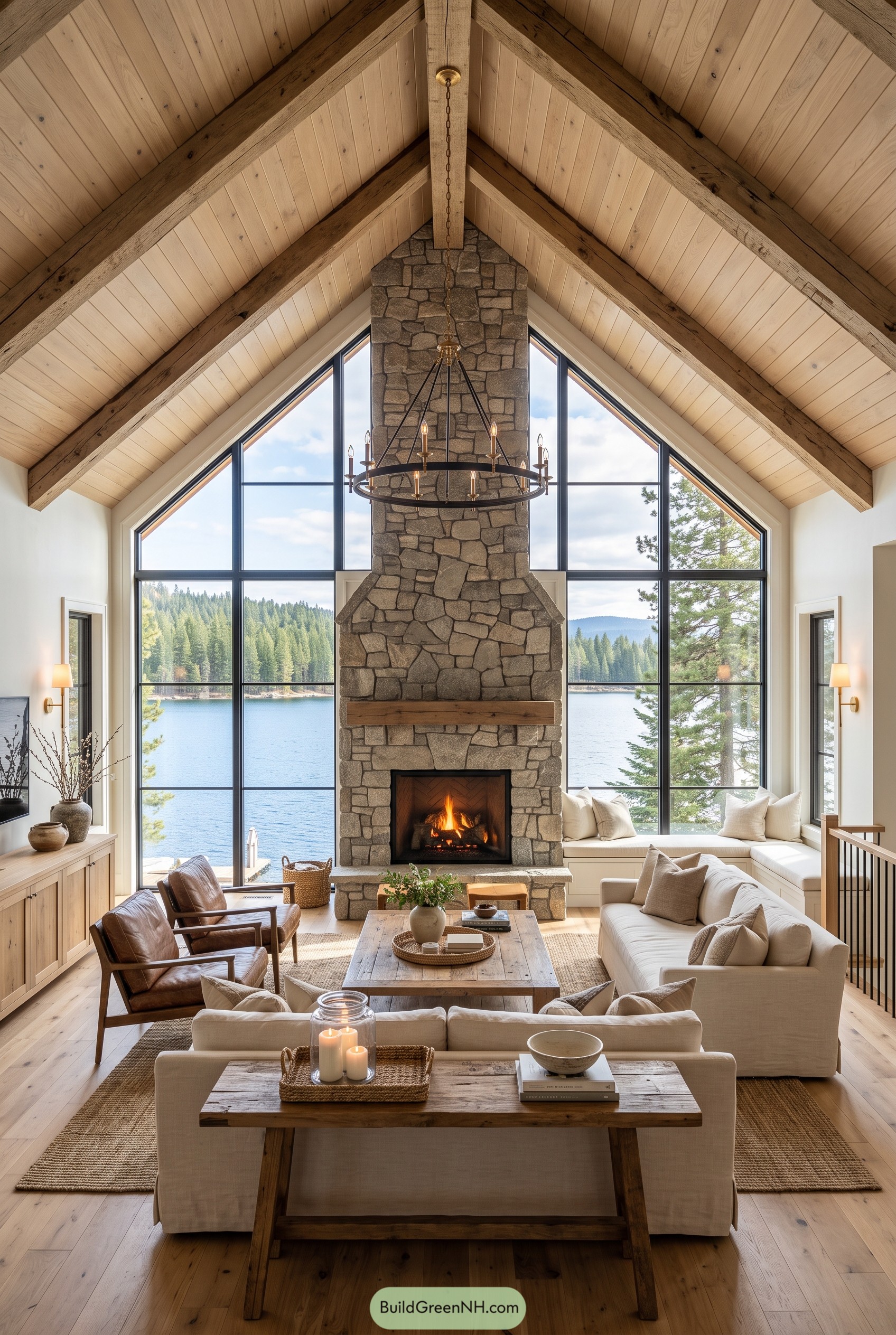 Vaulted lake house living room with stone fireplace