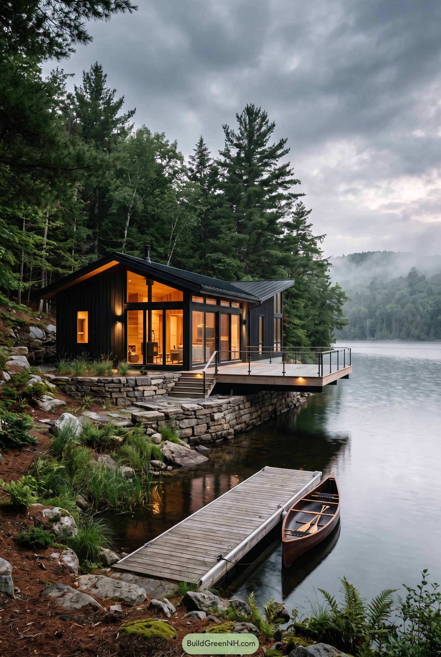 Black lakeside cabin with deck and canoe