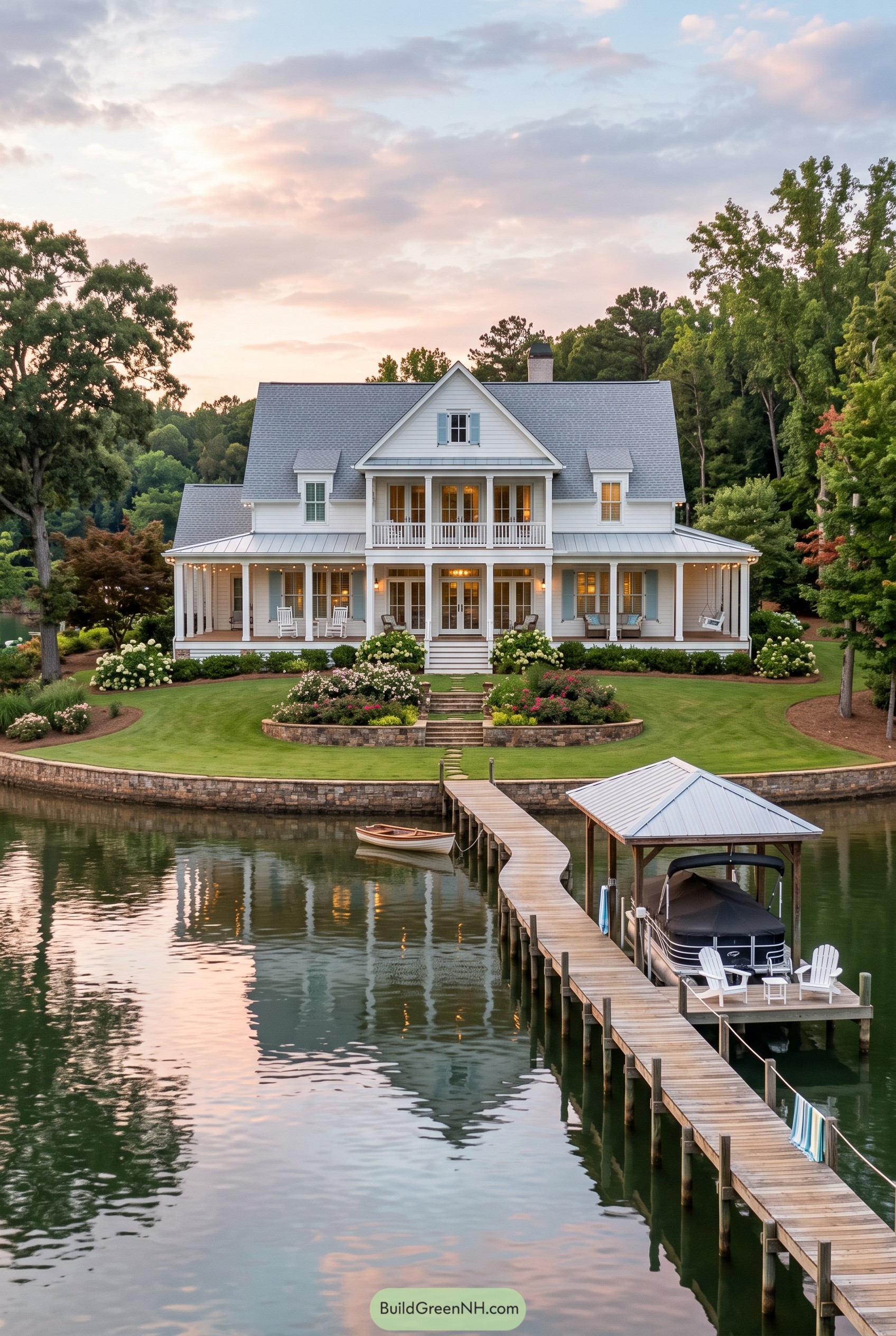White lake house with dock and gardens