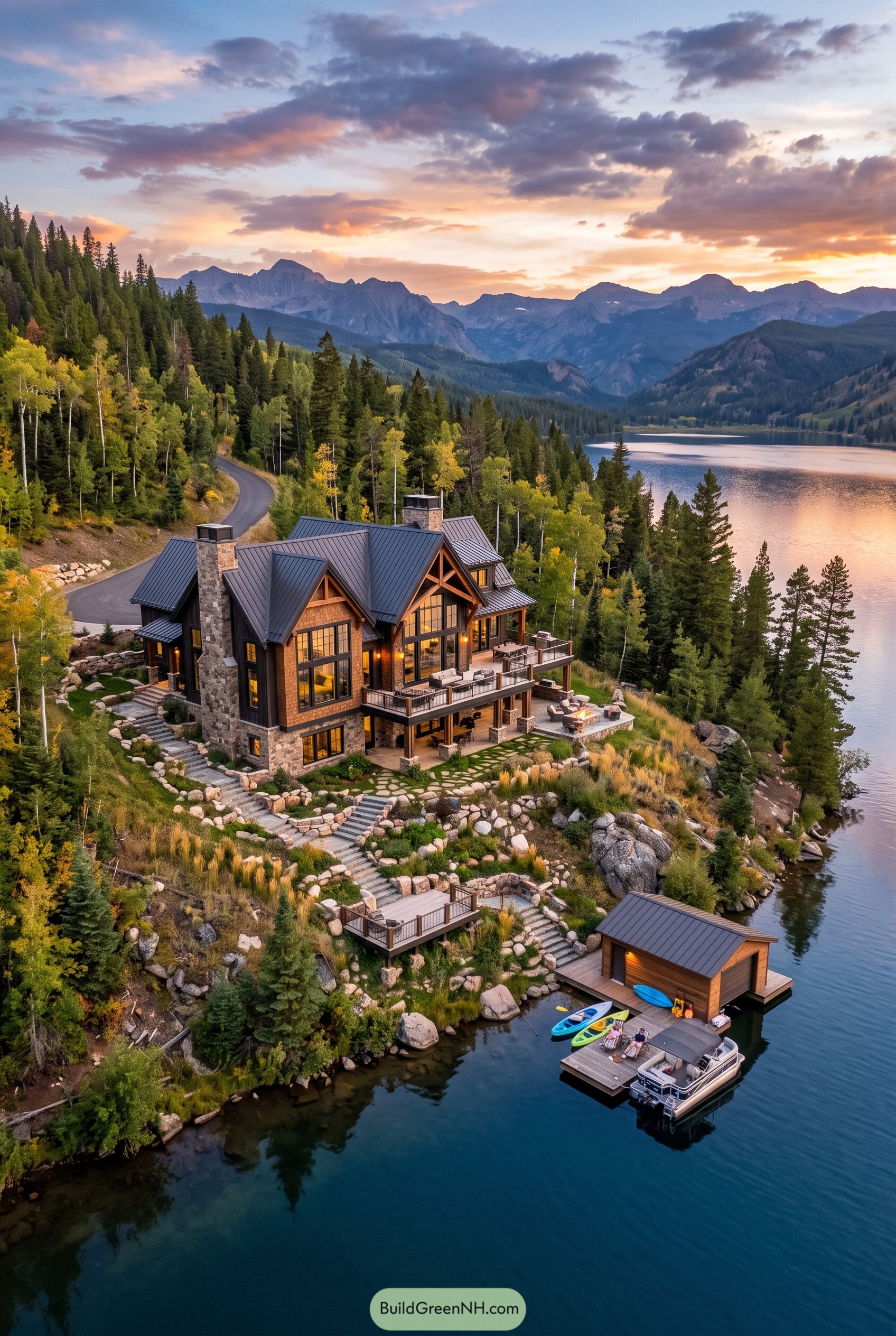 Mountain lake chalet with decks and dock