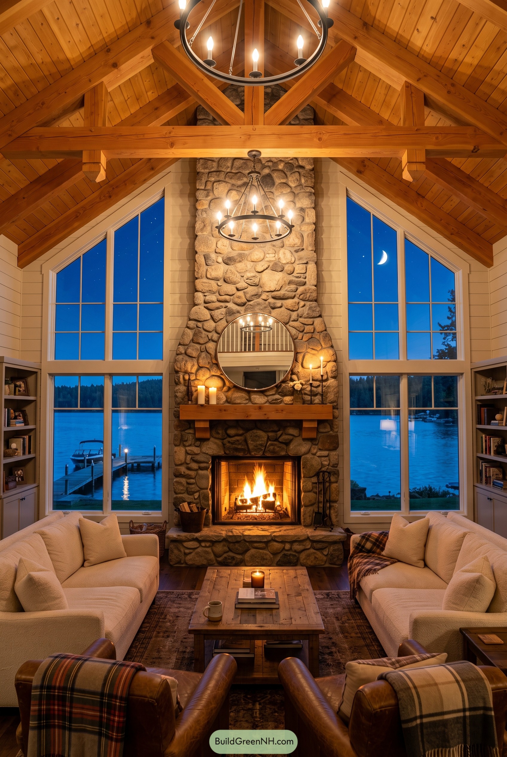 Vaulted lake house living room with stone fireplace
