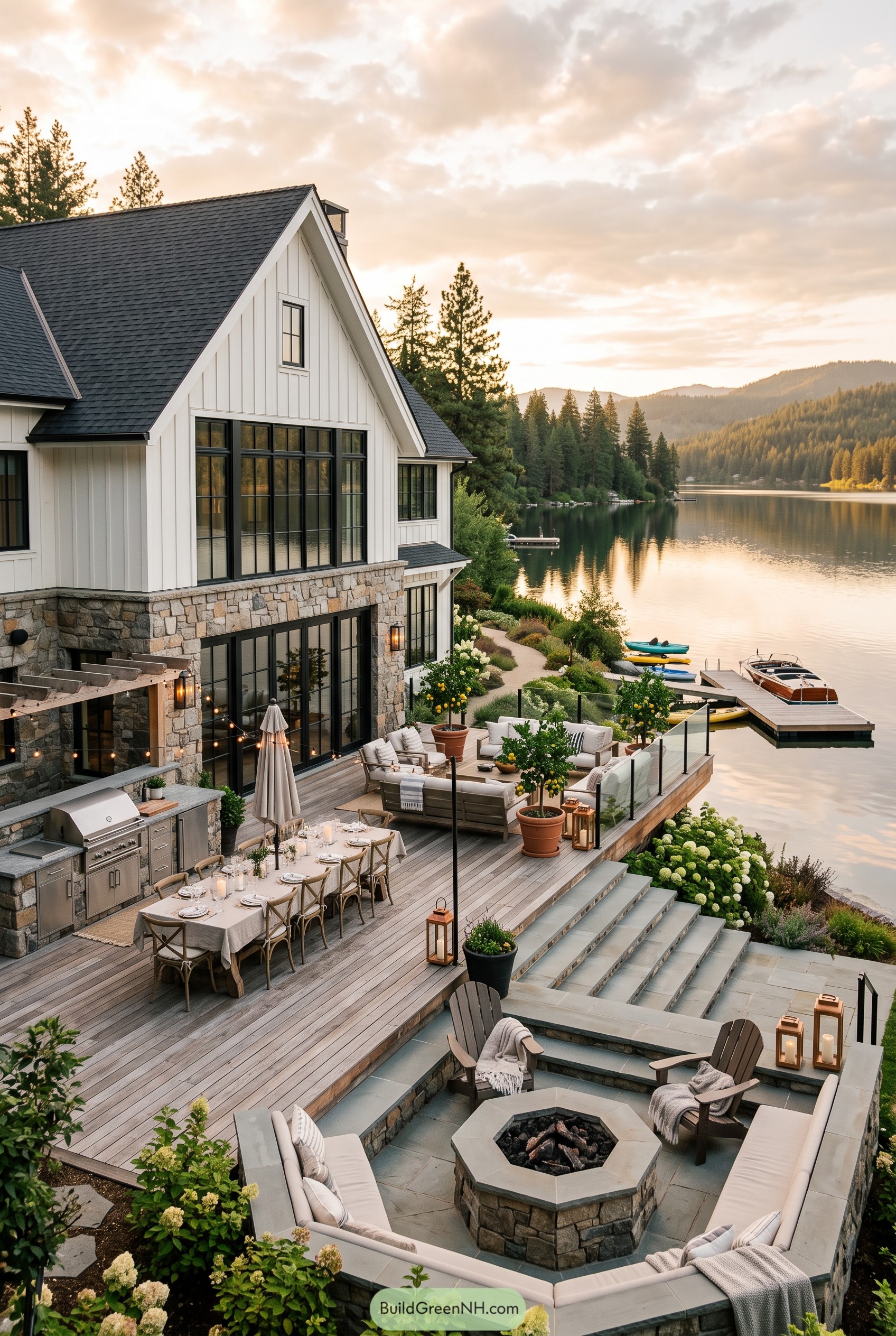 White lake house with tiered patio and dock