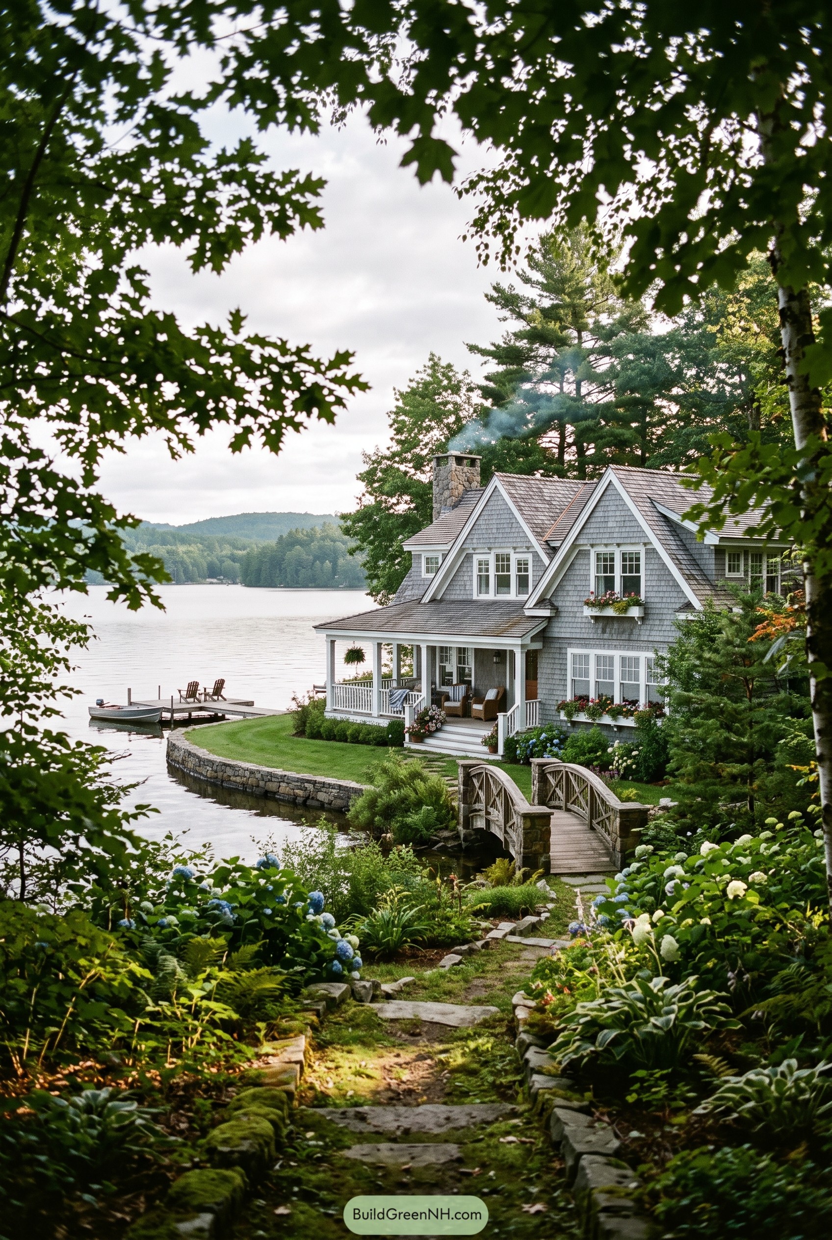 Gray shingle lake house with garden bridge and dock