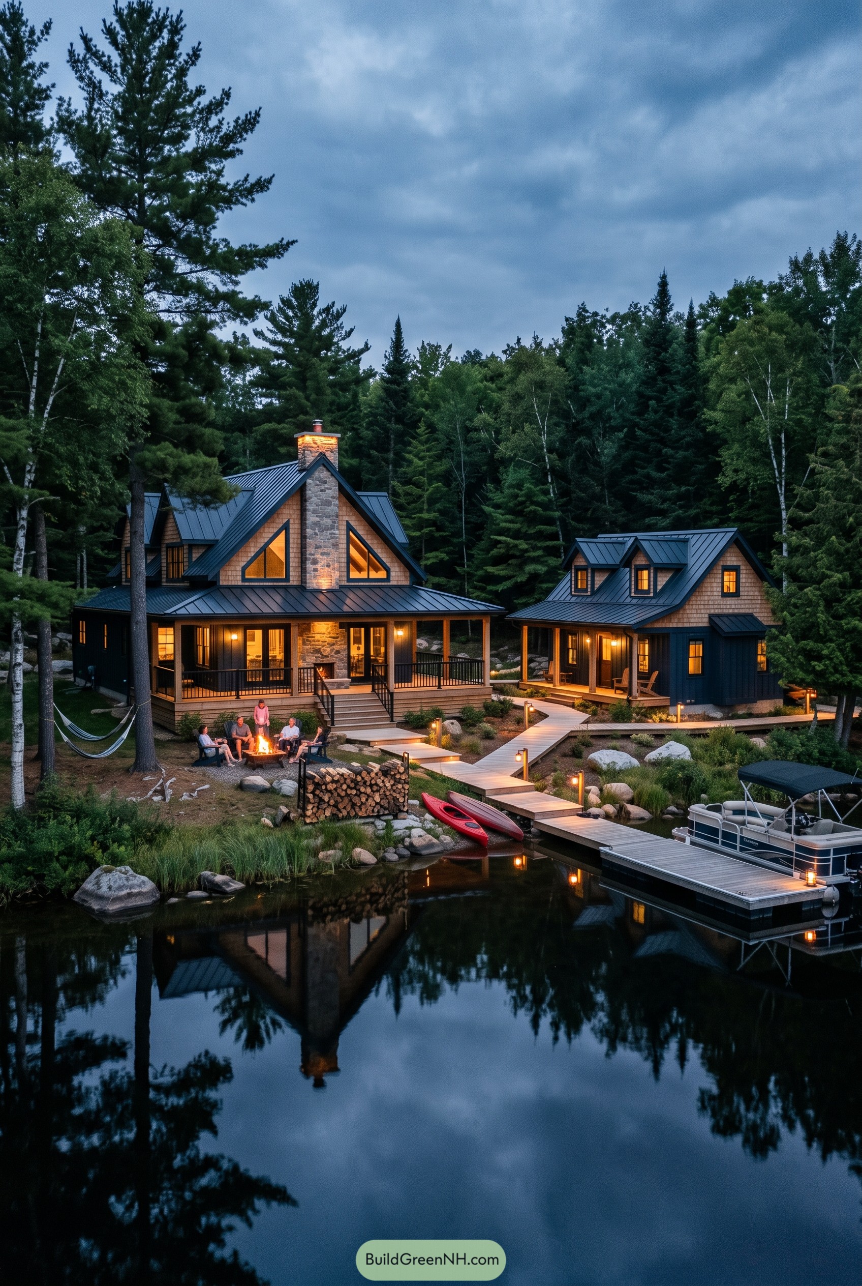 Wooded lake house with dock and fire pit