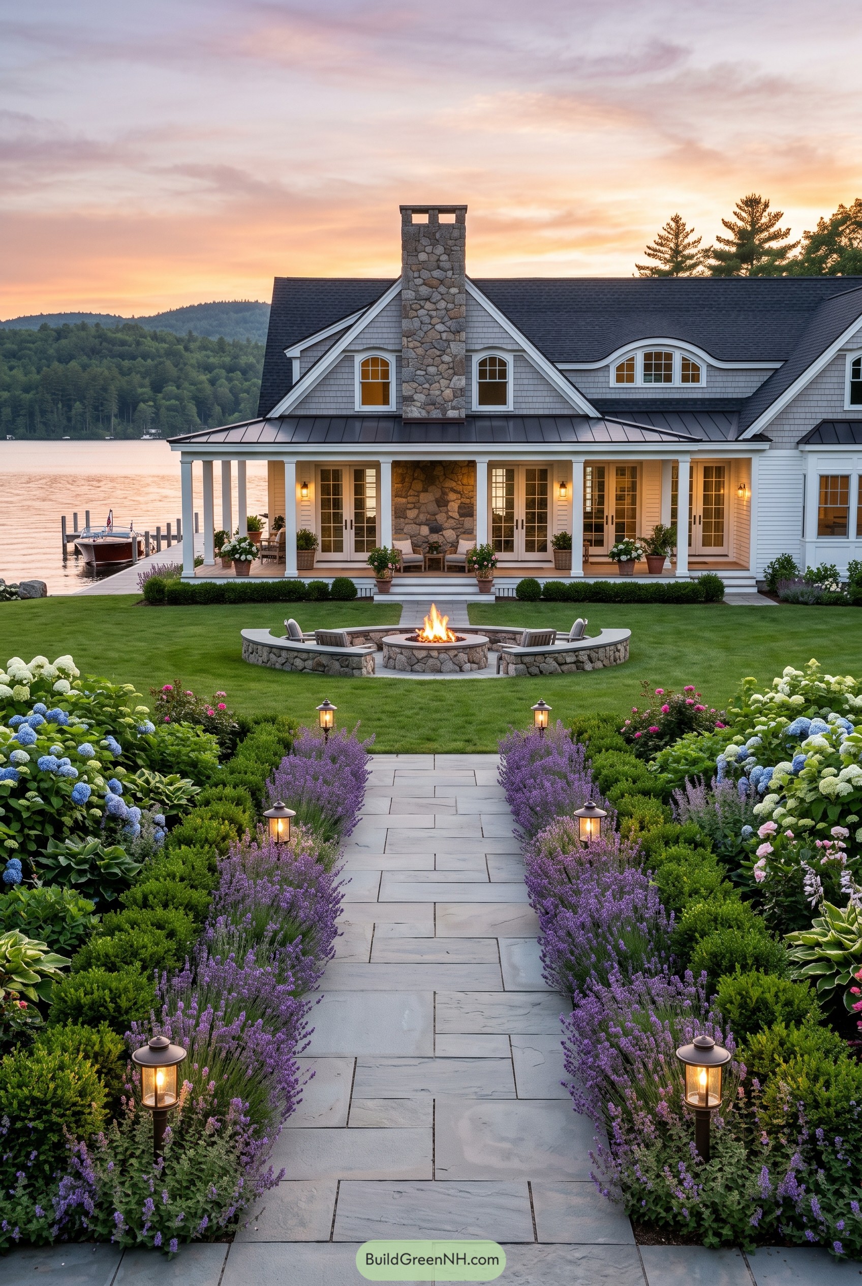 Lake house with garden path and fire pit