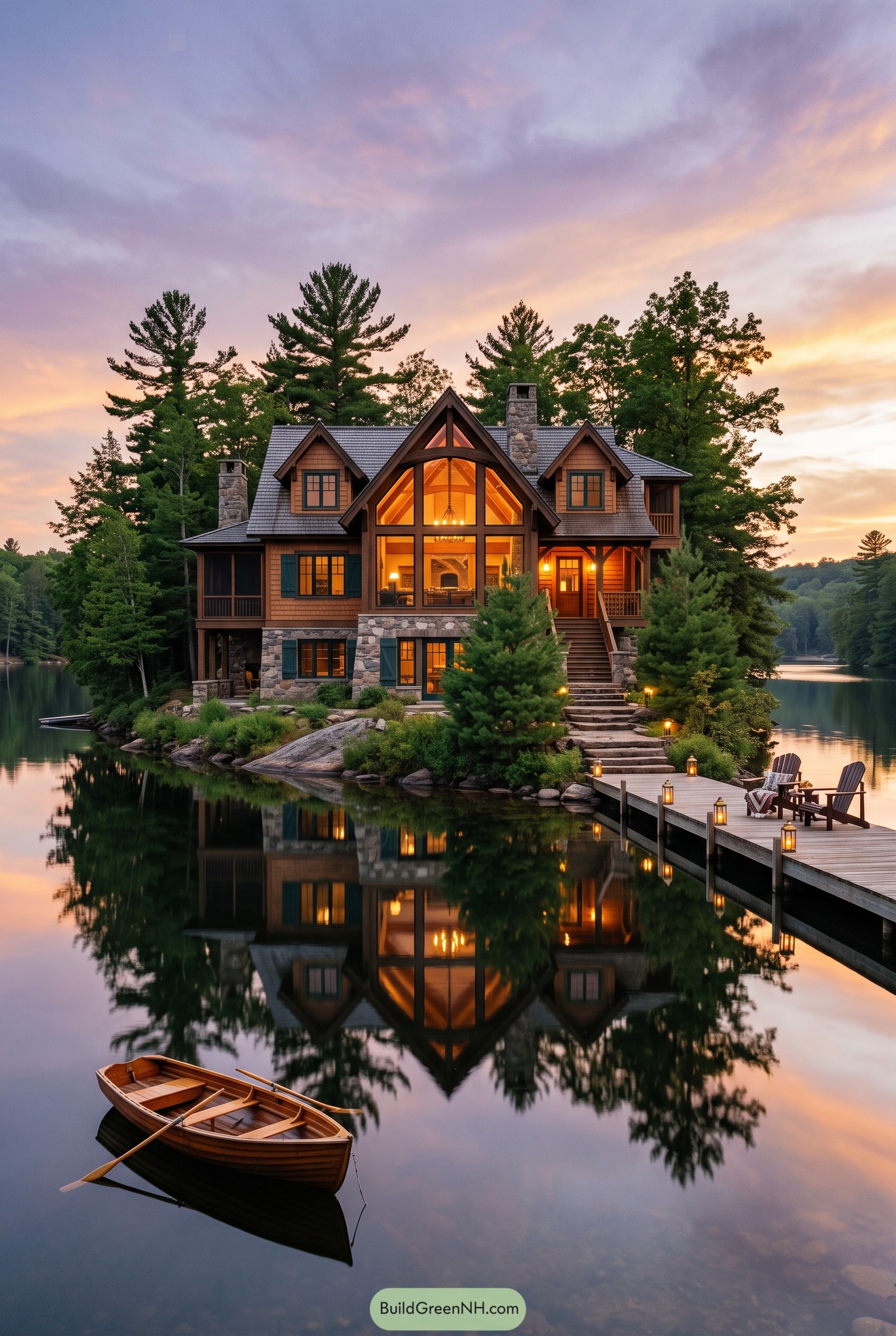 Rustic lake house with dock and rowboat