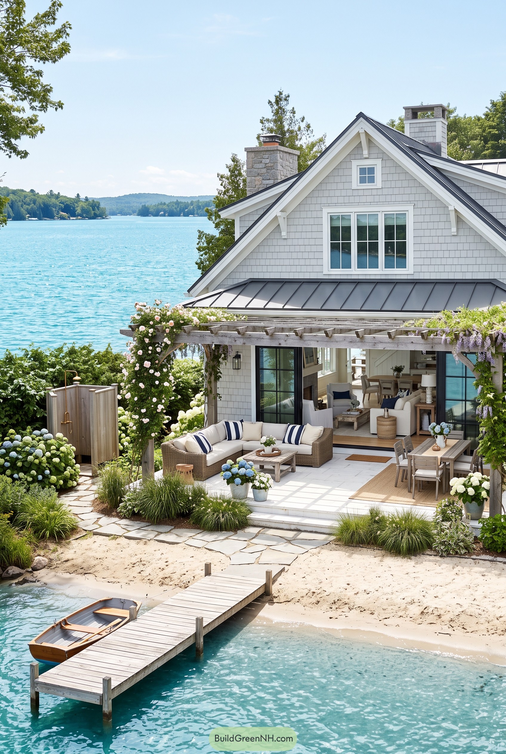 Gray shingle lake house with dock and garden