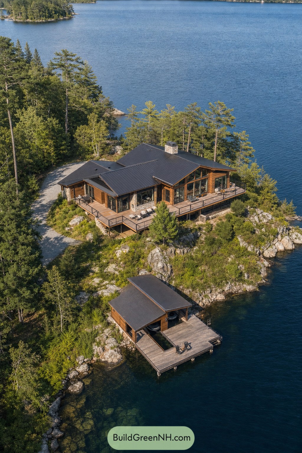 Modern lake house with dock on a wooded rocky shore