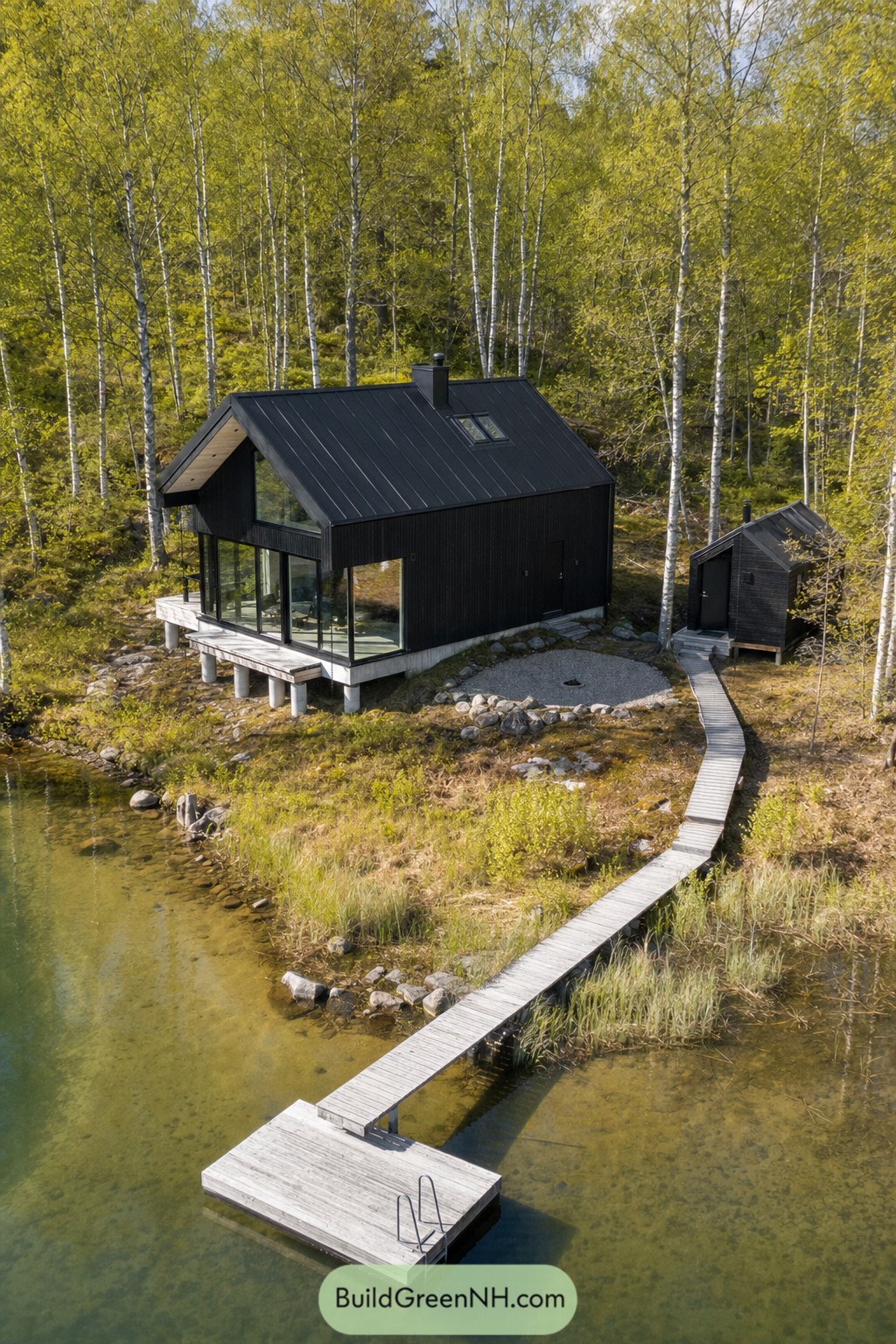 Black gabled lake cabin with dock in birch woods