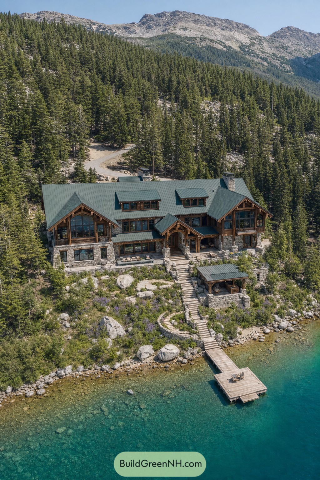 Mountain lake lodge with green roofs and dock
