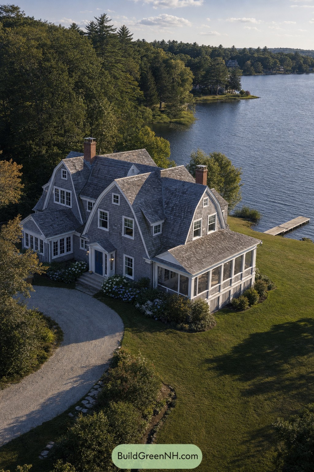 Gray shingle lake house with screened porch