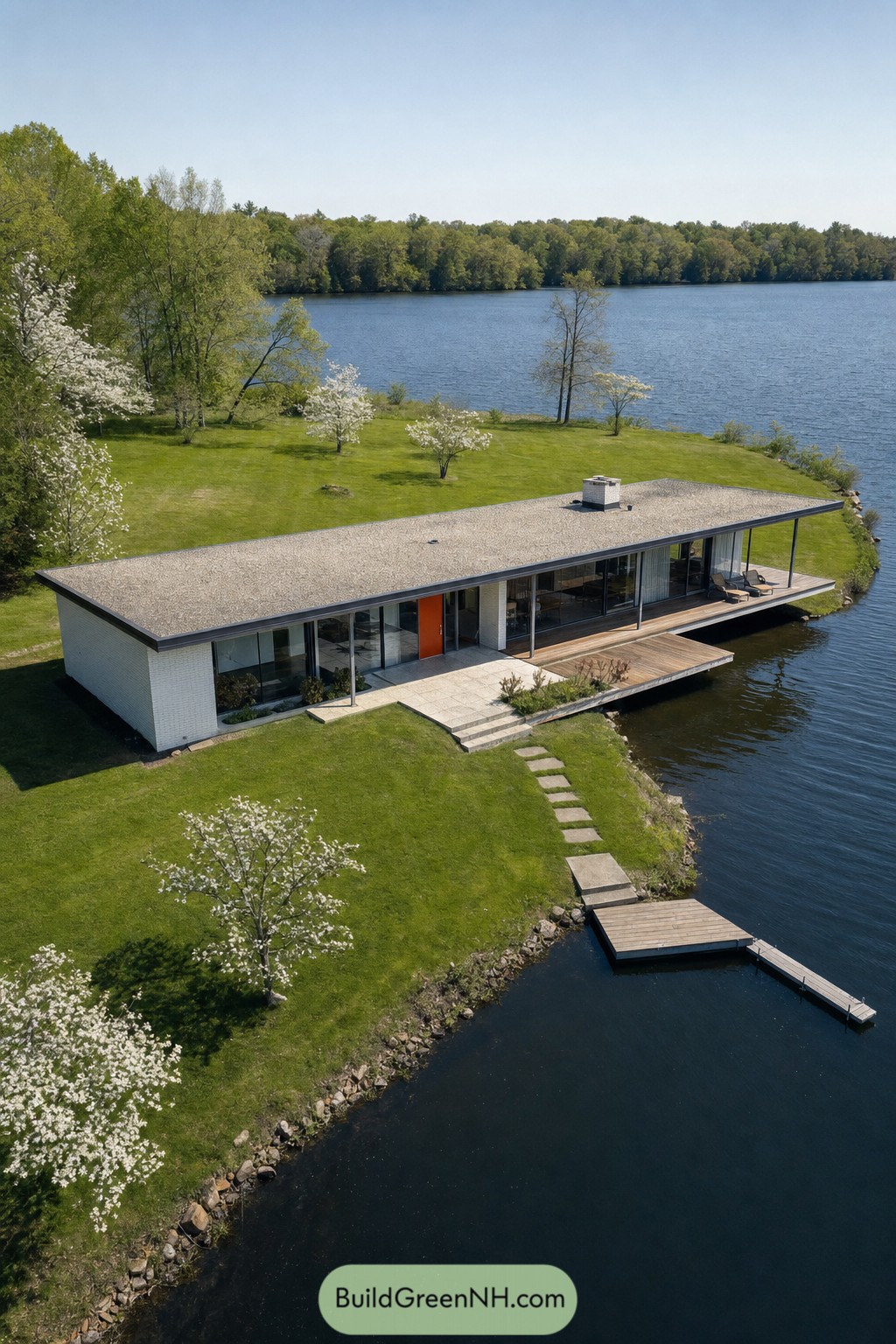 Modern flat roof lake house with dock