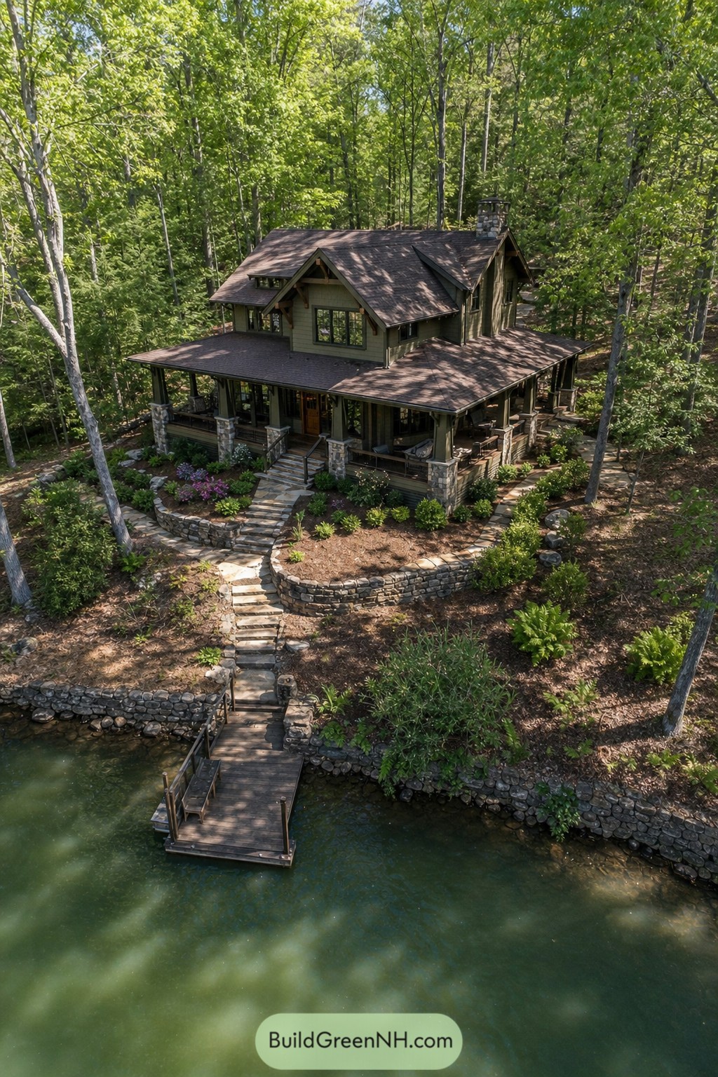 Wooded lake house with wraparound porch and dock
