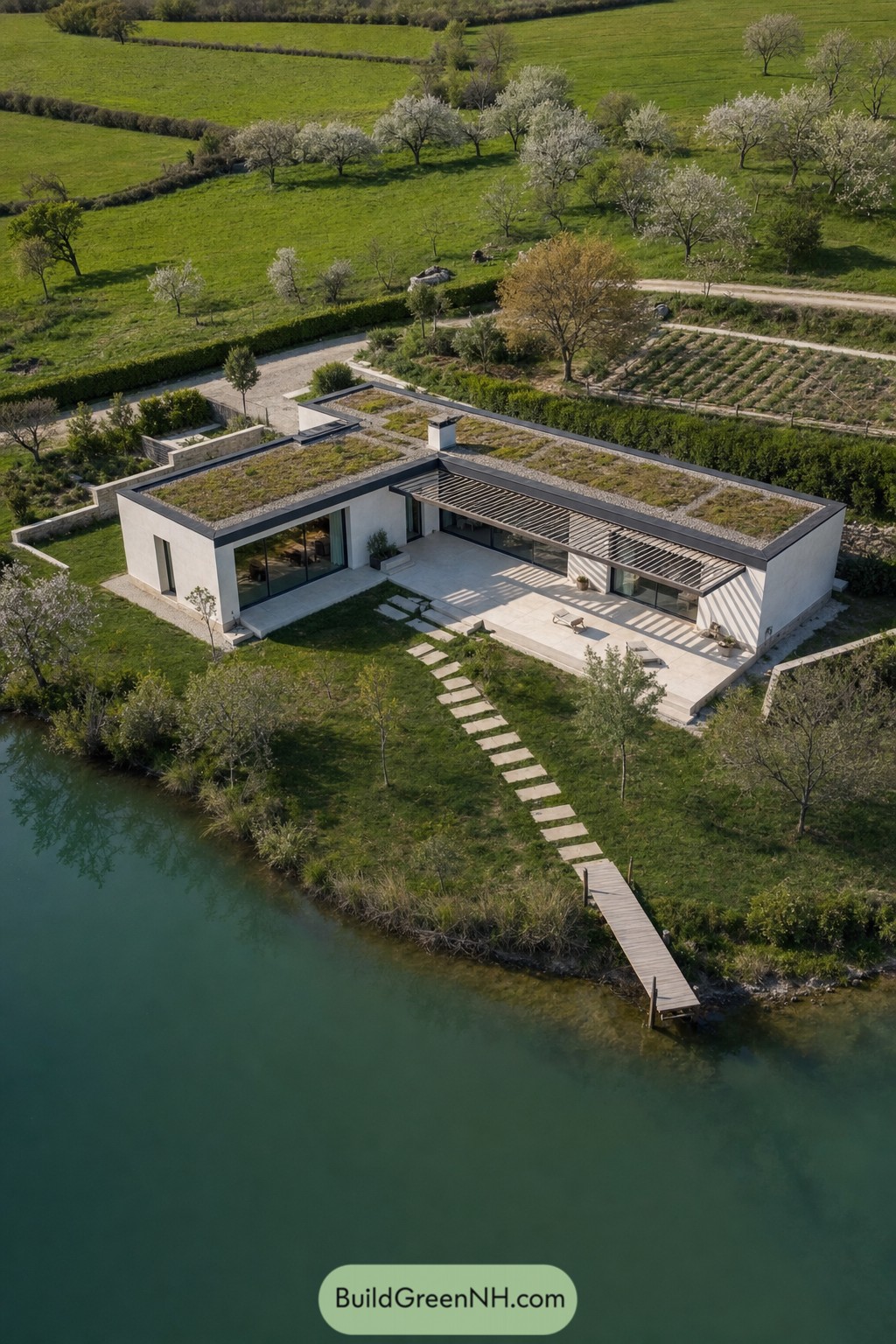 Modern green roof lake house with dock
