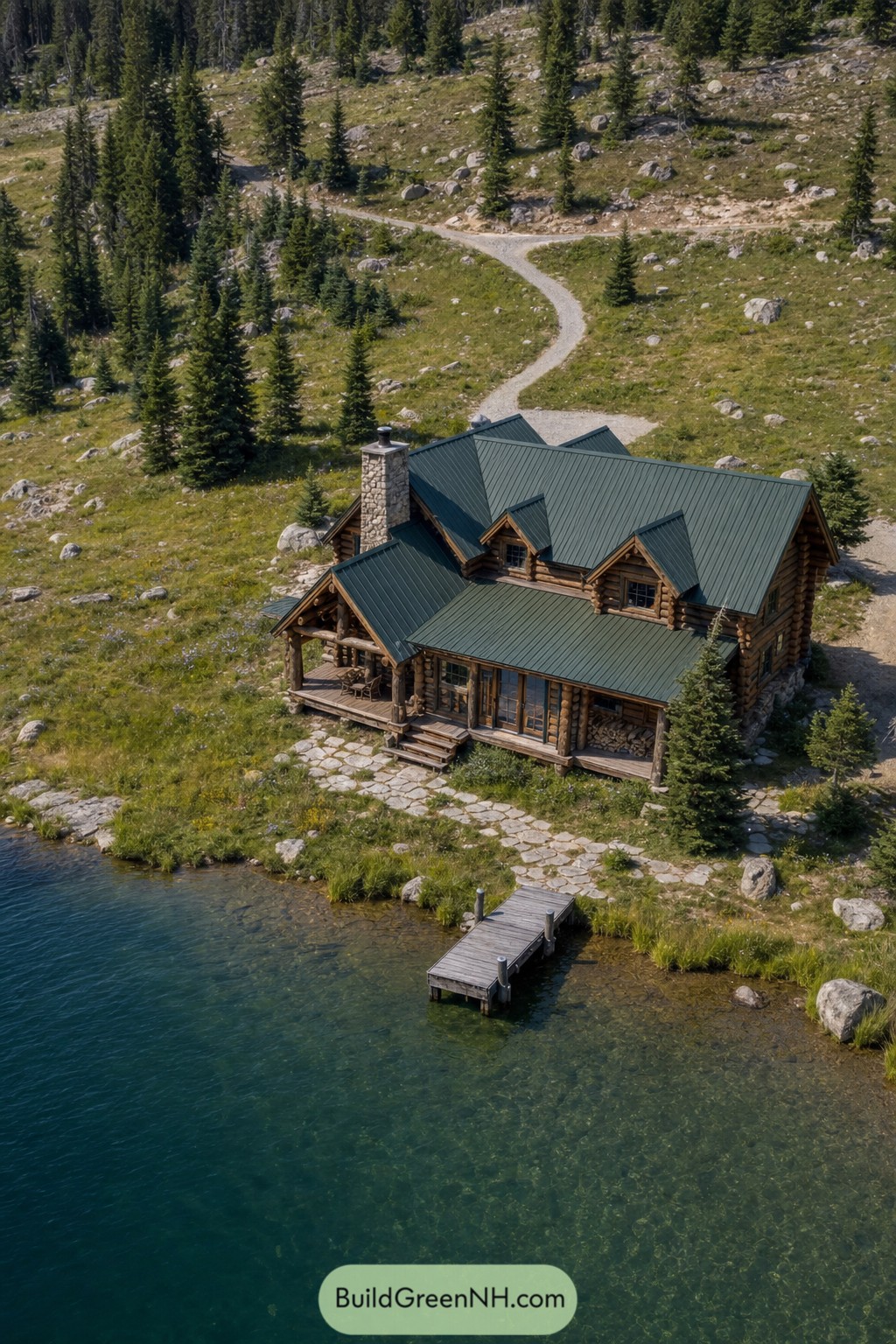 Log cabin with green metal roof beside a clear mountain lake