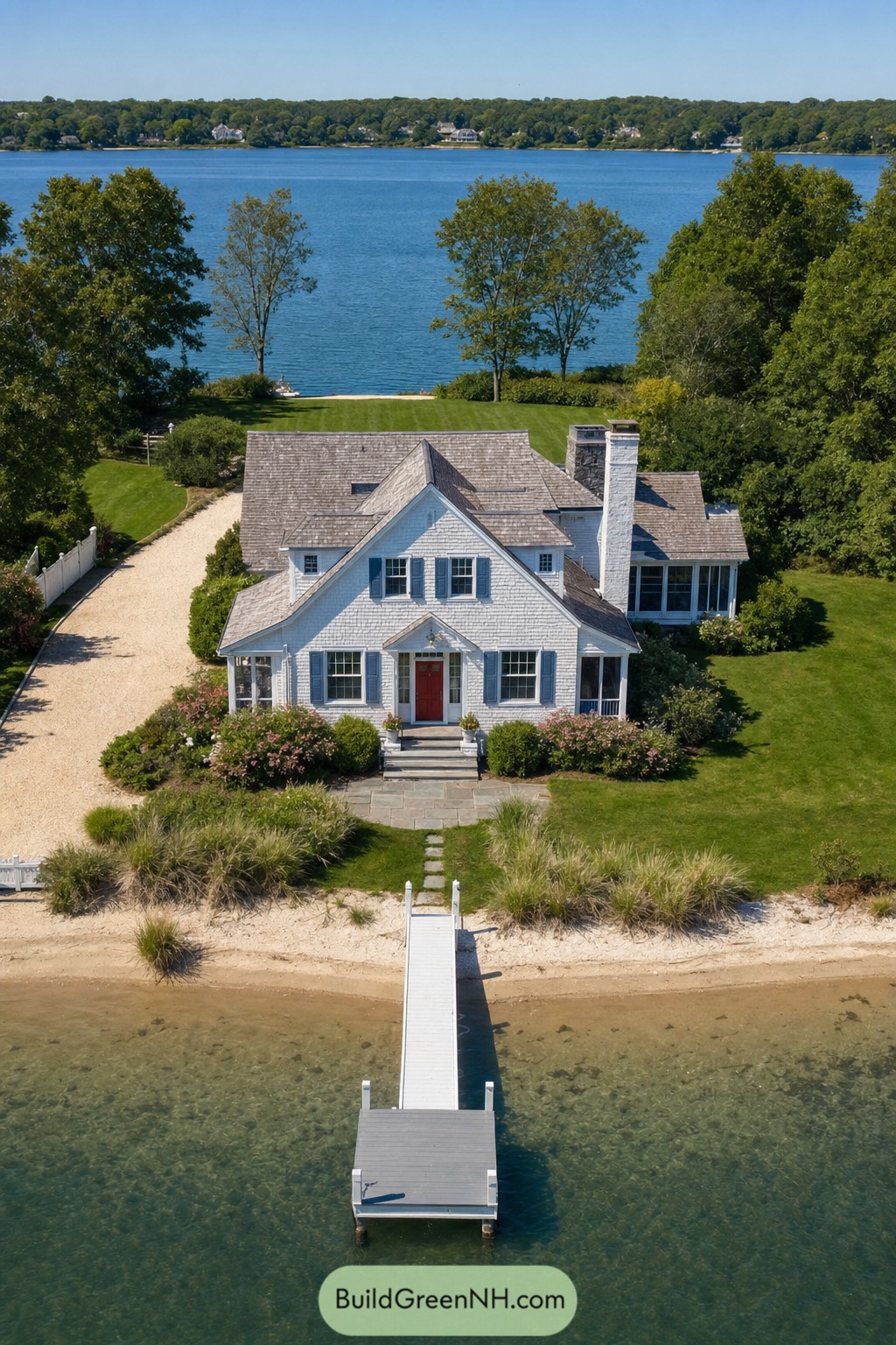White lake house with dock and red door