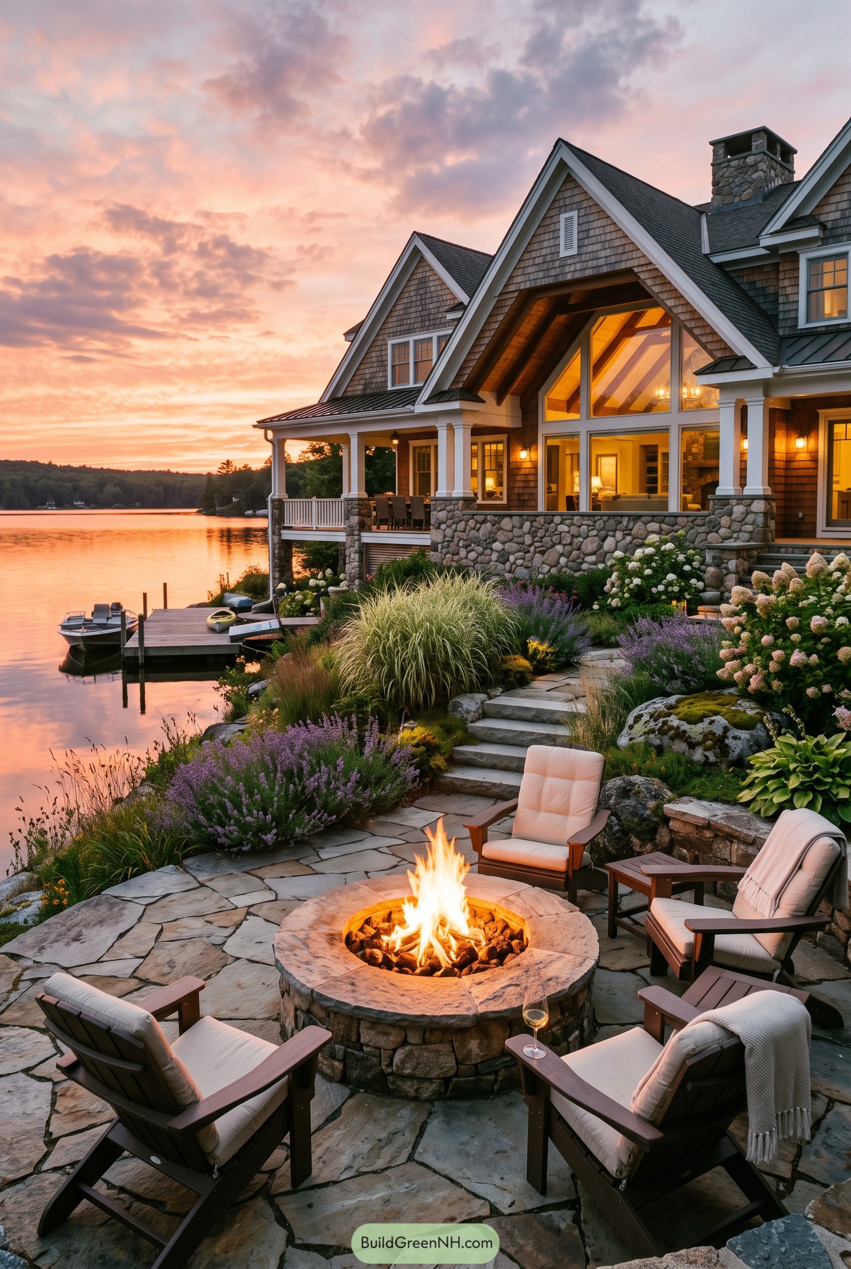 Shingle lake house patio at sunset