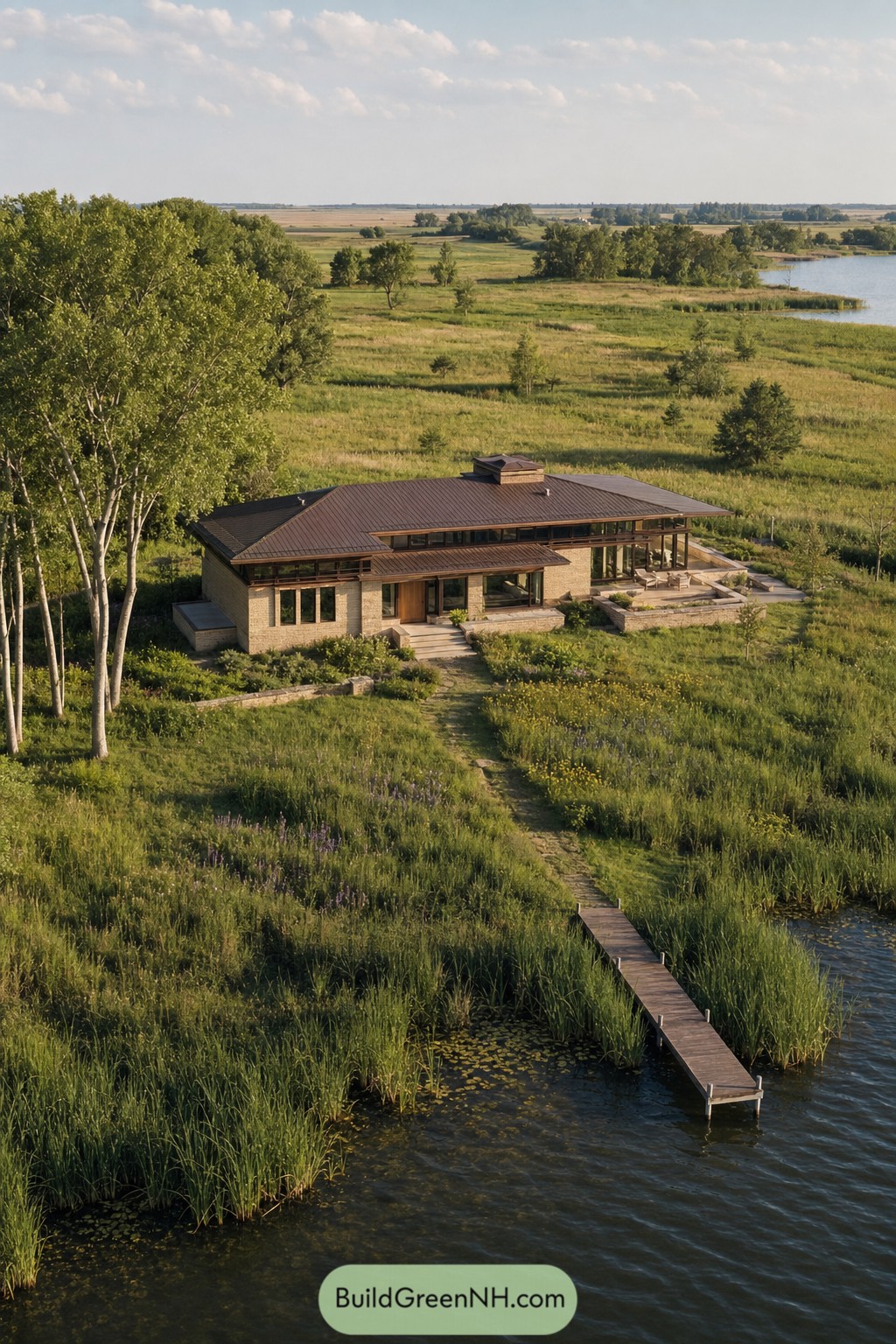 Low lakeside home with boardwalk through reeds