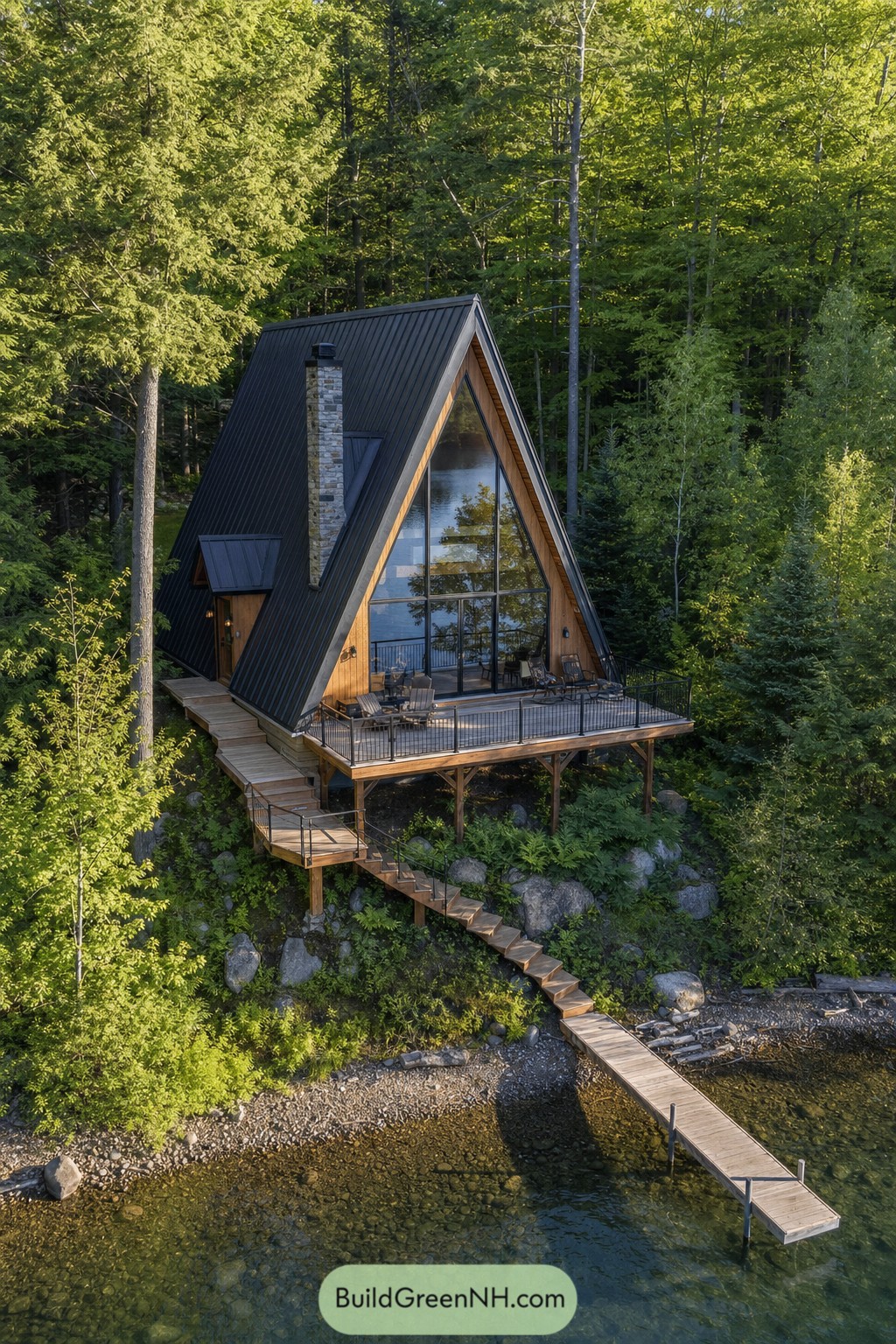 A-frame lake cabin with deck and dock