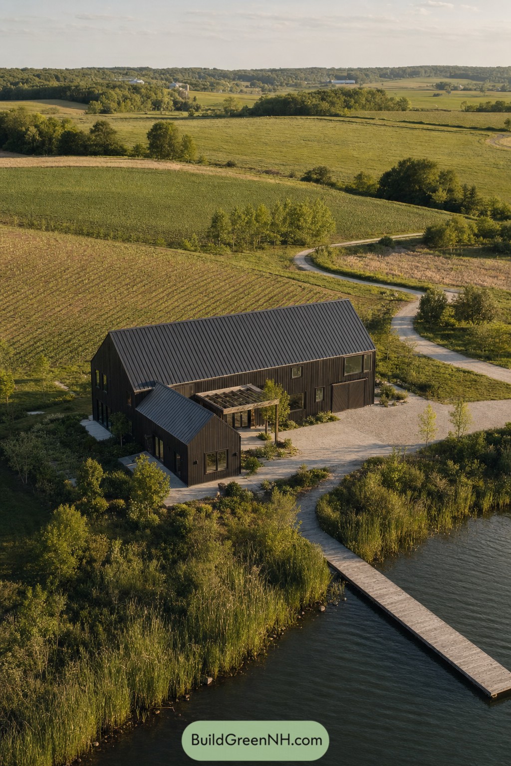 Black barn style lake house with dock