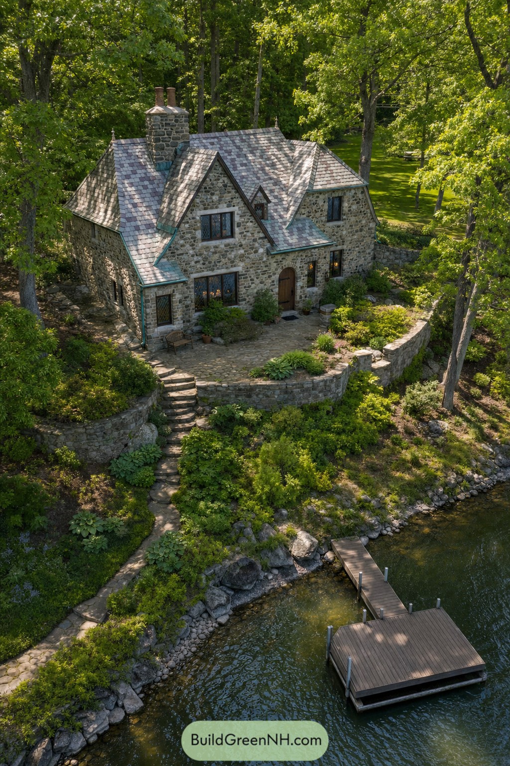 Stone lake cottage with dock and gardens